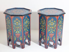 Pair of Hand Painted Blue Moroccan Pedestal Tables