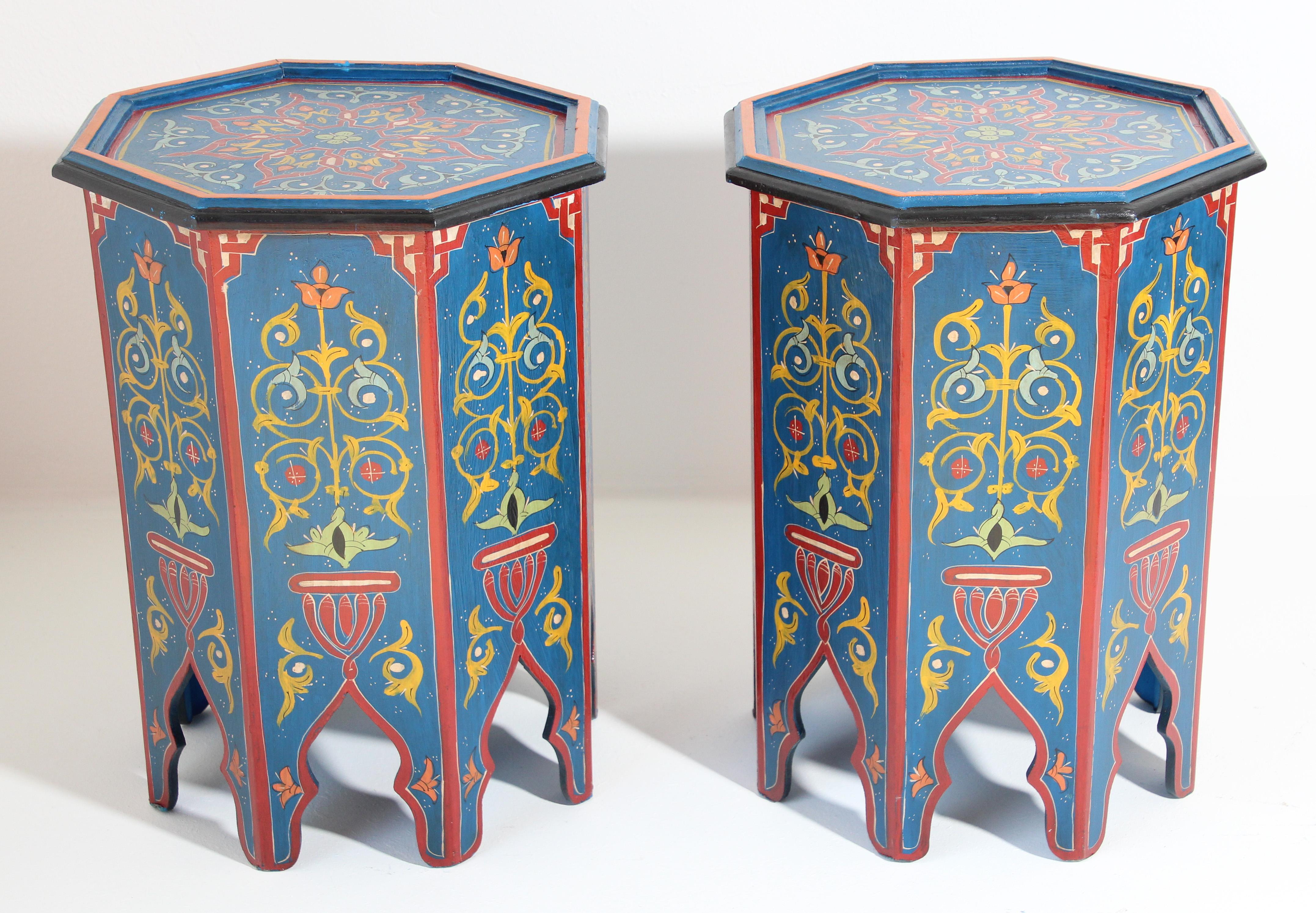 Bohemian Pair of Hand Painted Blue Moroccan Pedestal Tables