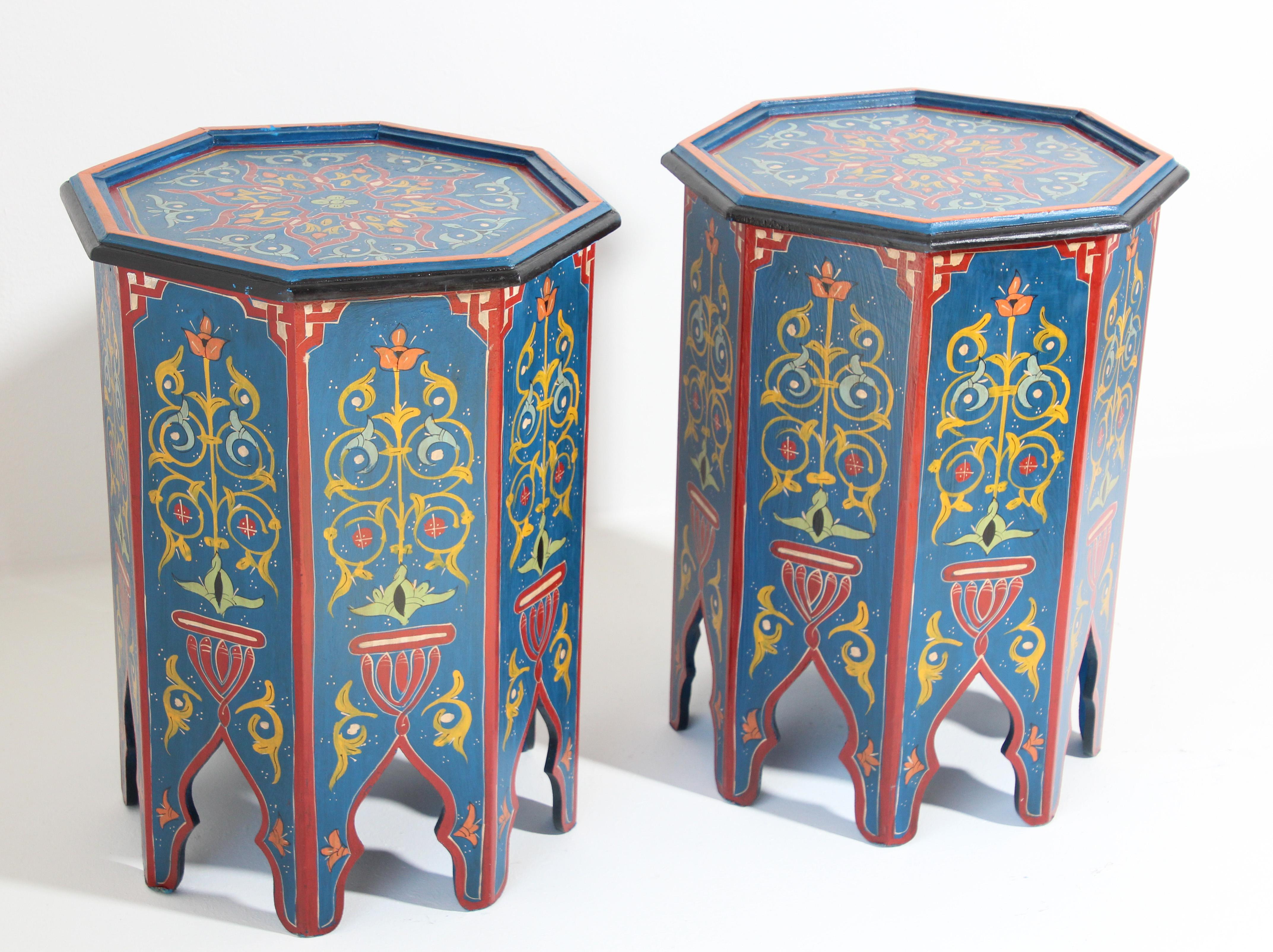 Hand-Crafted Pair of Hand Painted Blue Moroccan Pedestal Tables