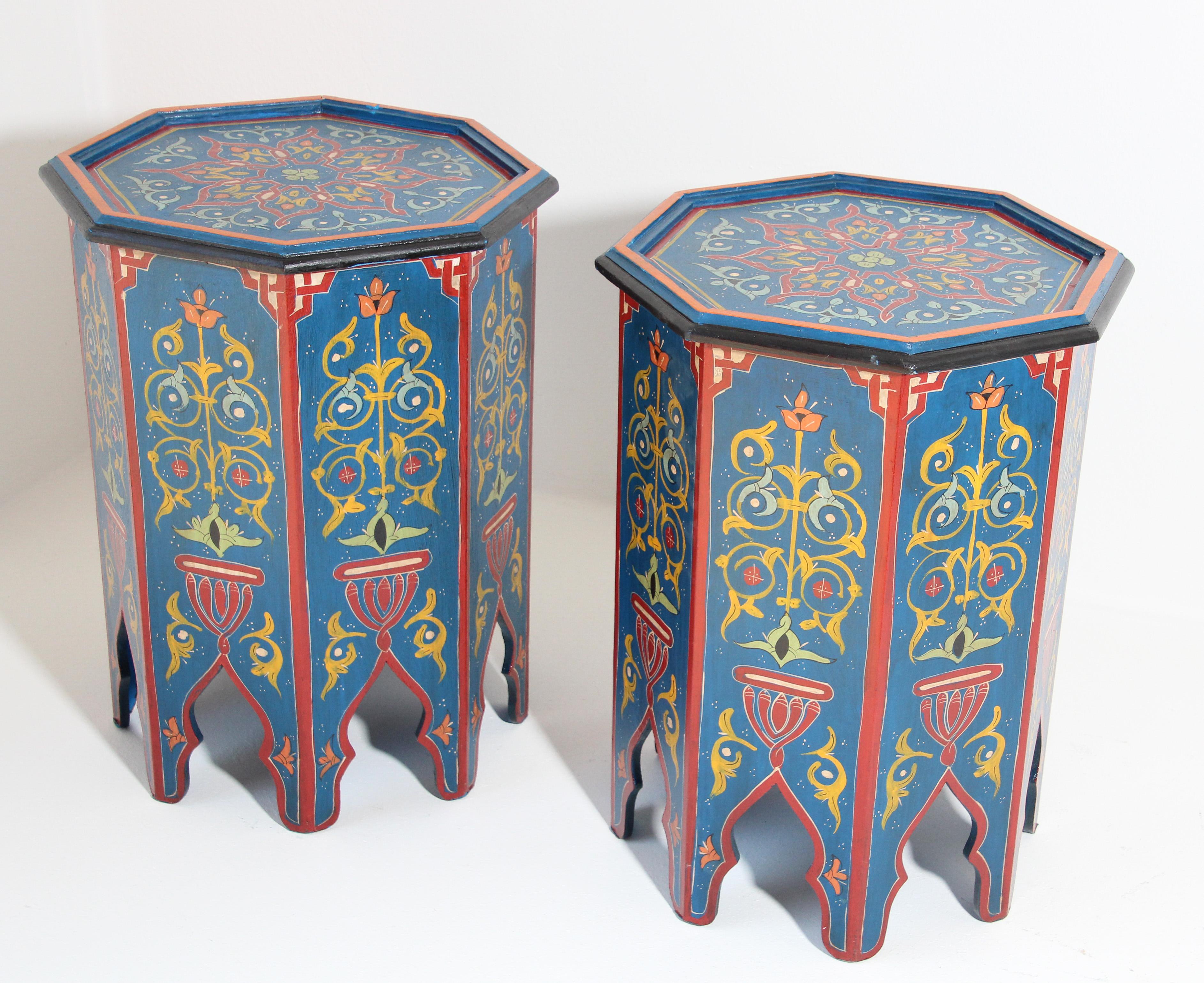 Pair of Hand Painted Blue Moroccan Pedestal Tables In Good Condition In North Hollywood, CA