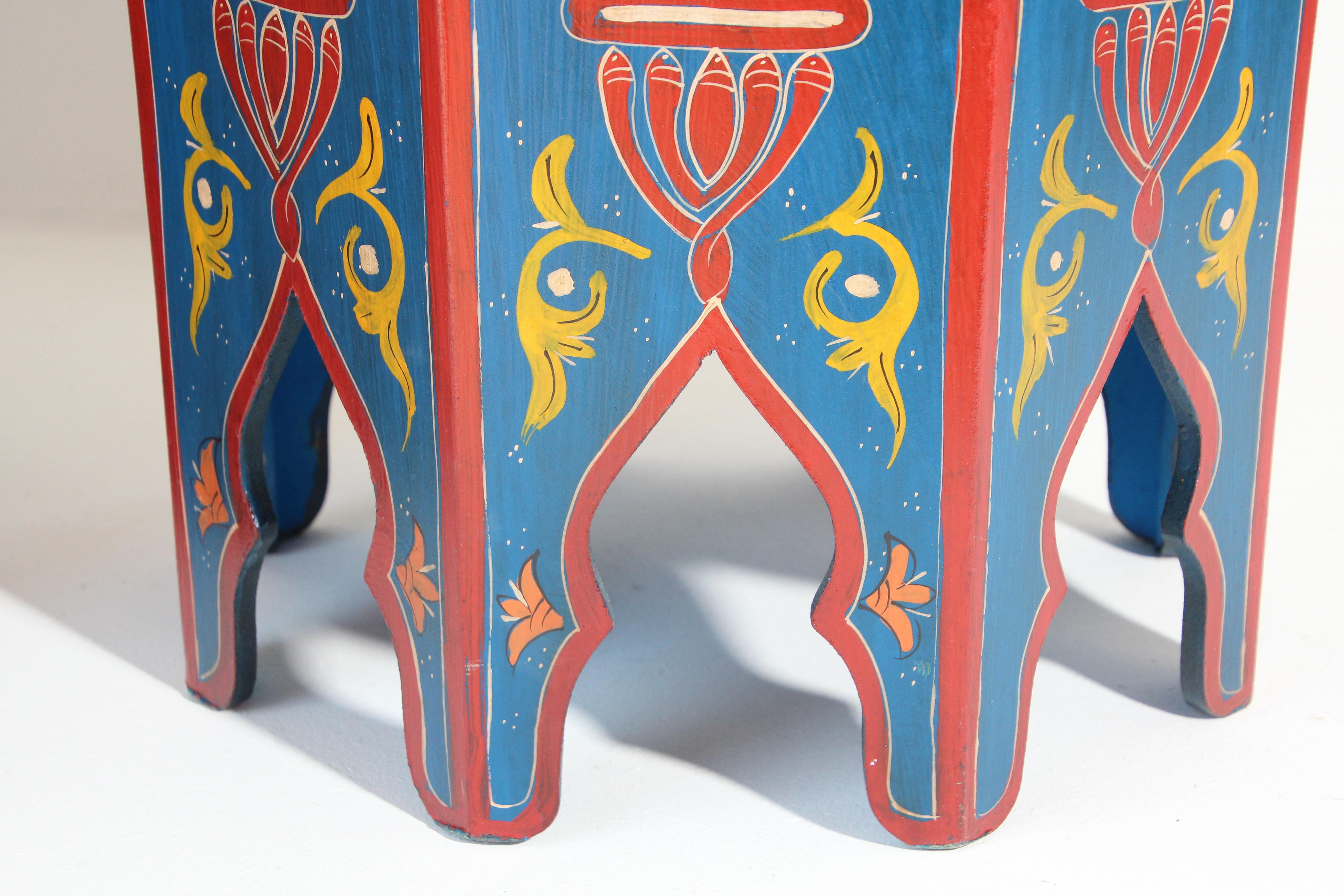 Wood Pair of Hand Painted Blue Moroccan Pedestal Tables