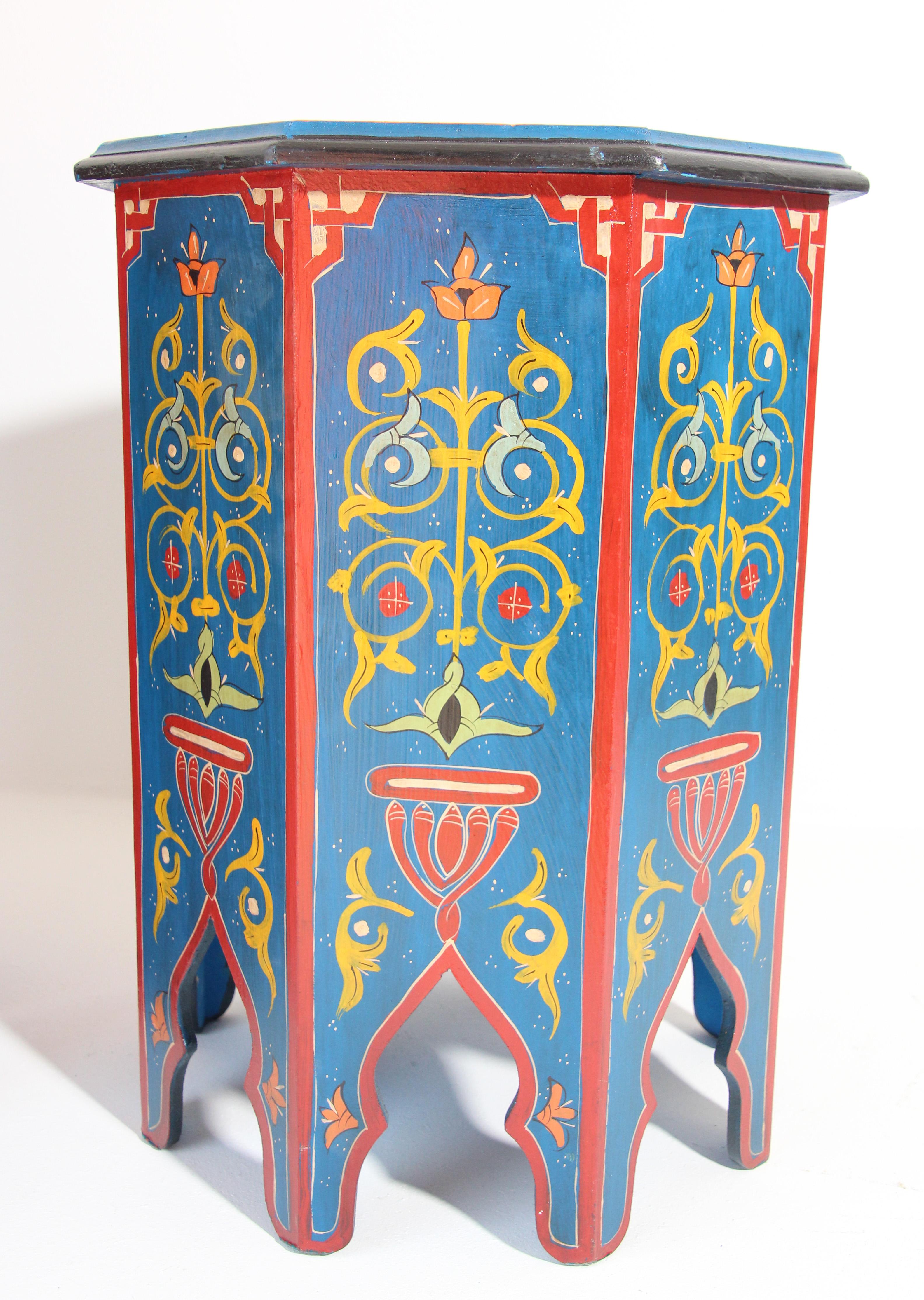 Pair of Hand Painted Blue Moroccan Pedestal Tables 1