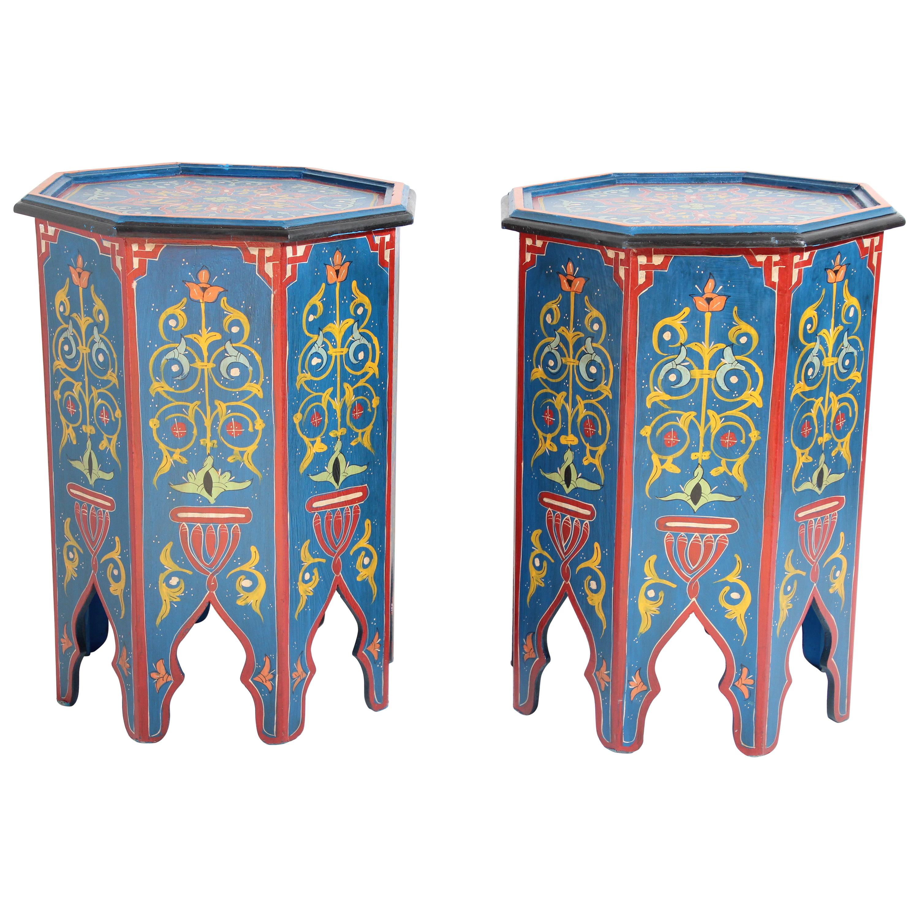 Pair of Hand Painted Blue Moroccan Pedestal Tables