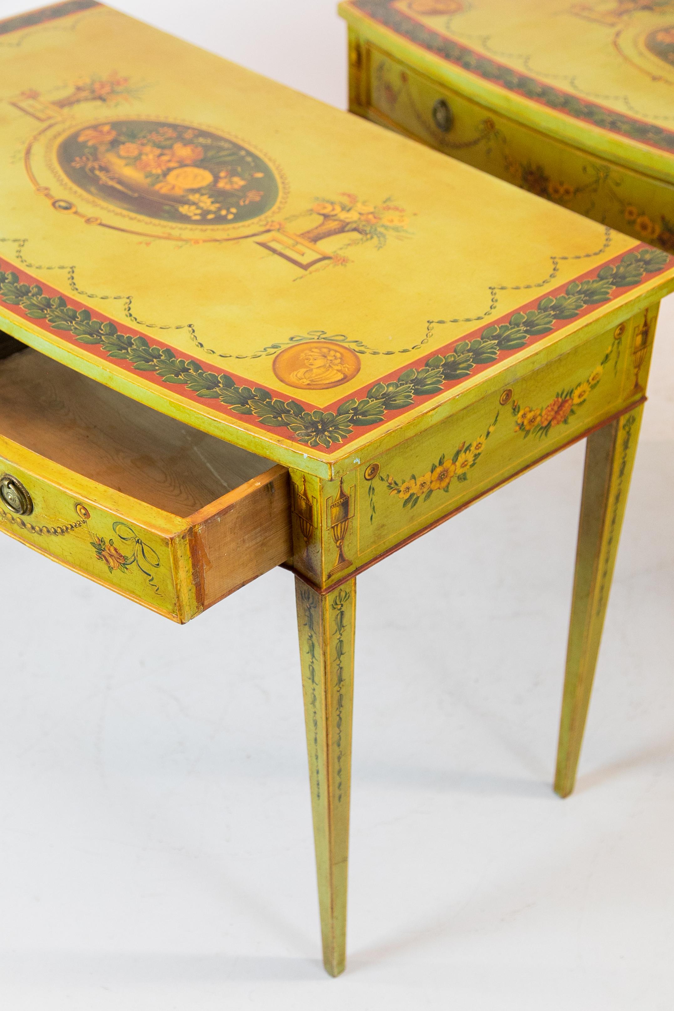 Pair of Hand Painted Bow Front Hepplewhite Side Tables For Sale 3