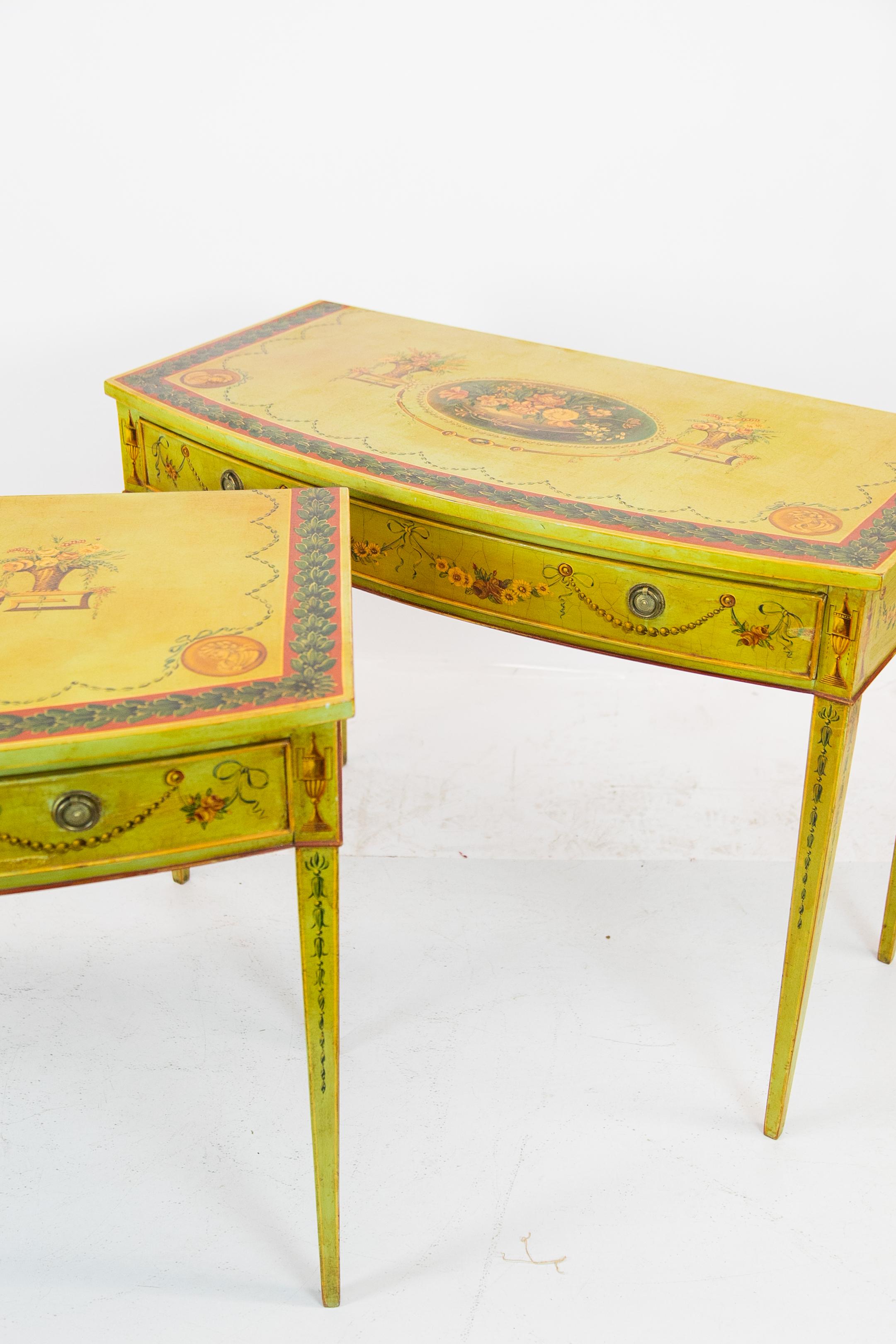 Pair of Hand Painted Bow Front Hepplewhite Side Tables For Sale 4