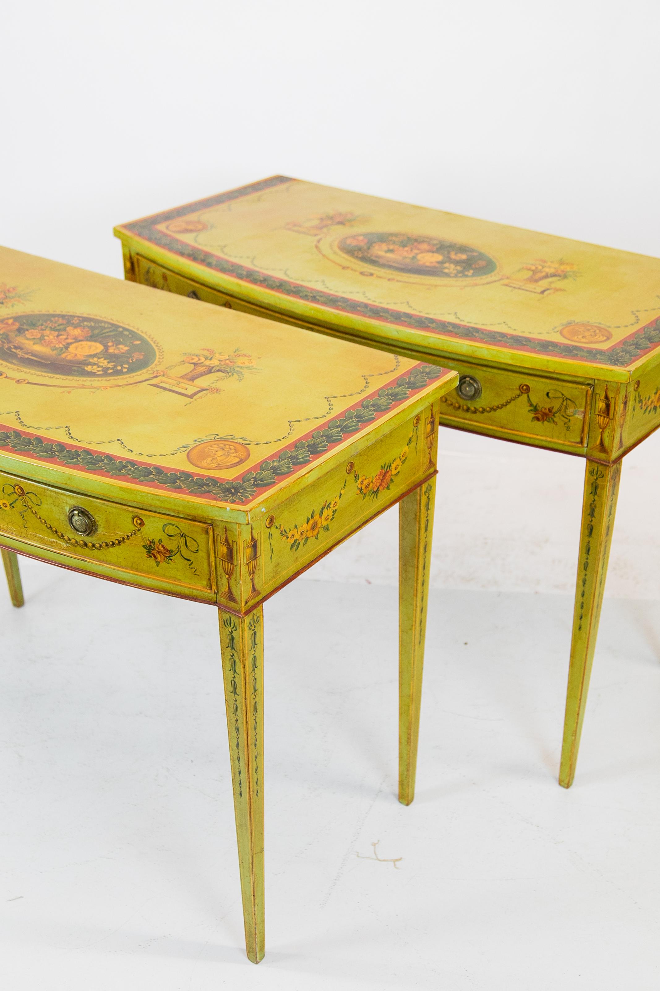 Pair of Hand Painted Bow Front Hepplewhite Side Tables For Sale 7