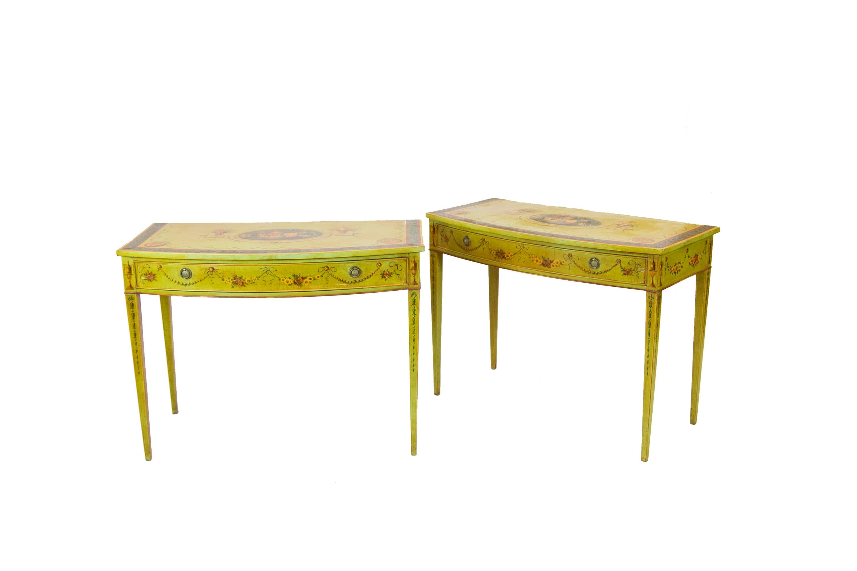 Hand-Painted Pair of Hand Painted Bow Front Hepplewhite Side Tables For Sale