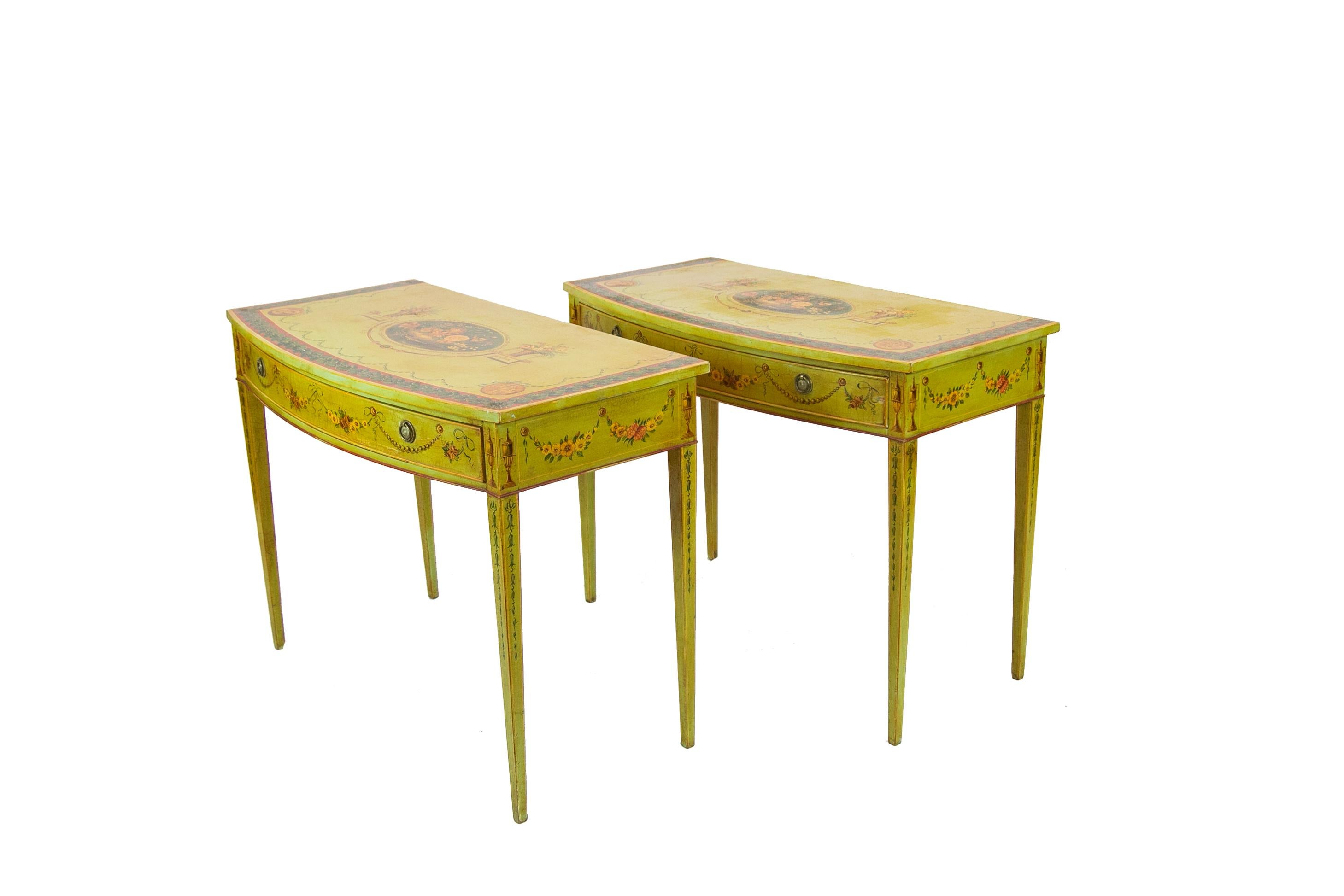 Pair of Hand Painted Bow Front Hepplewhite Side Tables In Good Condition For Sale In Wilson, NC