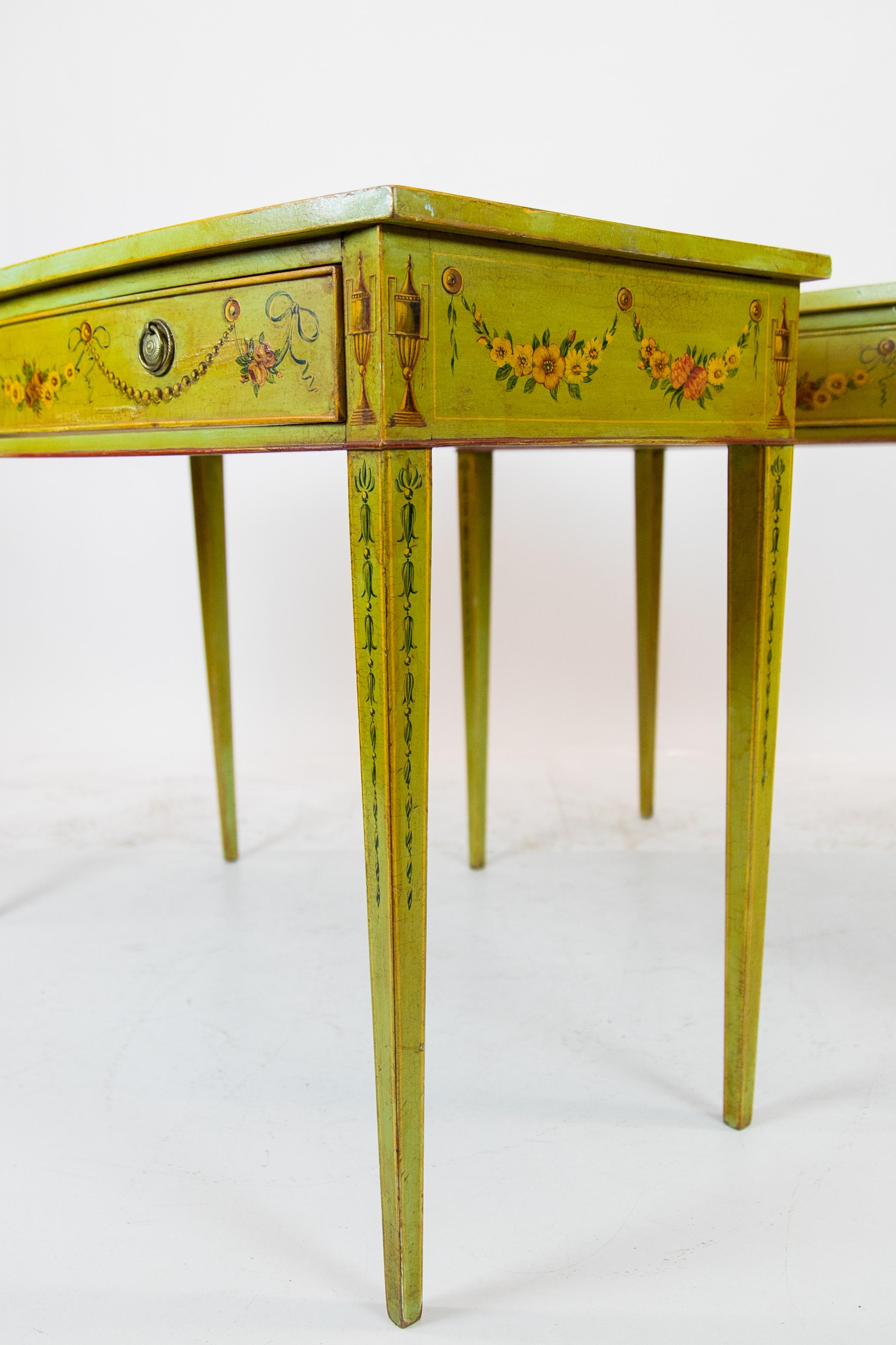 Brass Pair of Hand Painted Bow Front Hepplewhite Side Tables For Sale