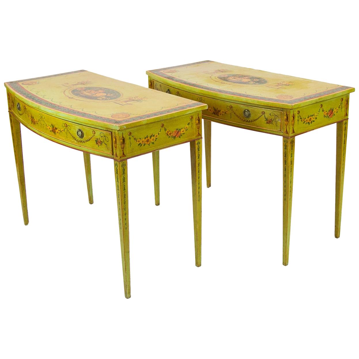 Pair of Hand Painted Bow Front Hepplewhite Side Tables For Sale