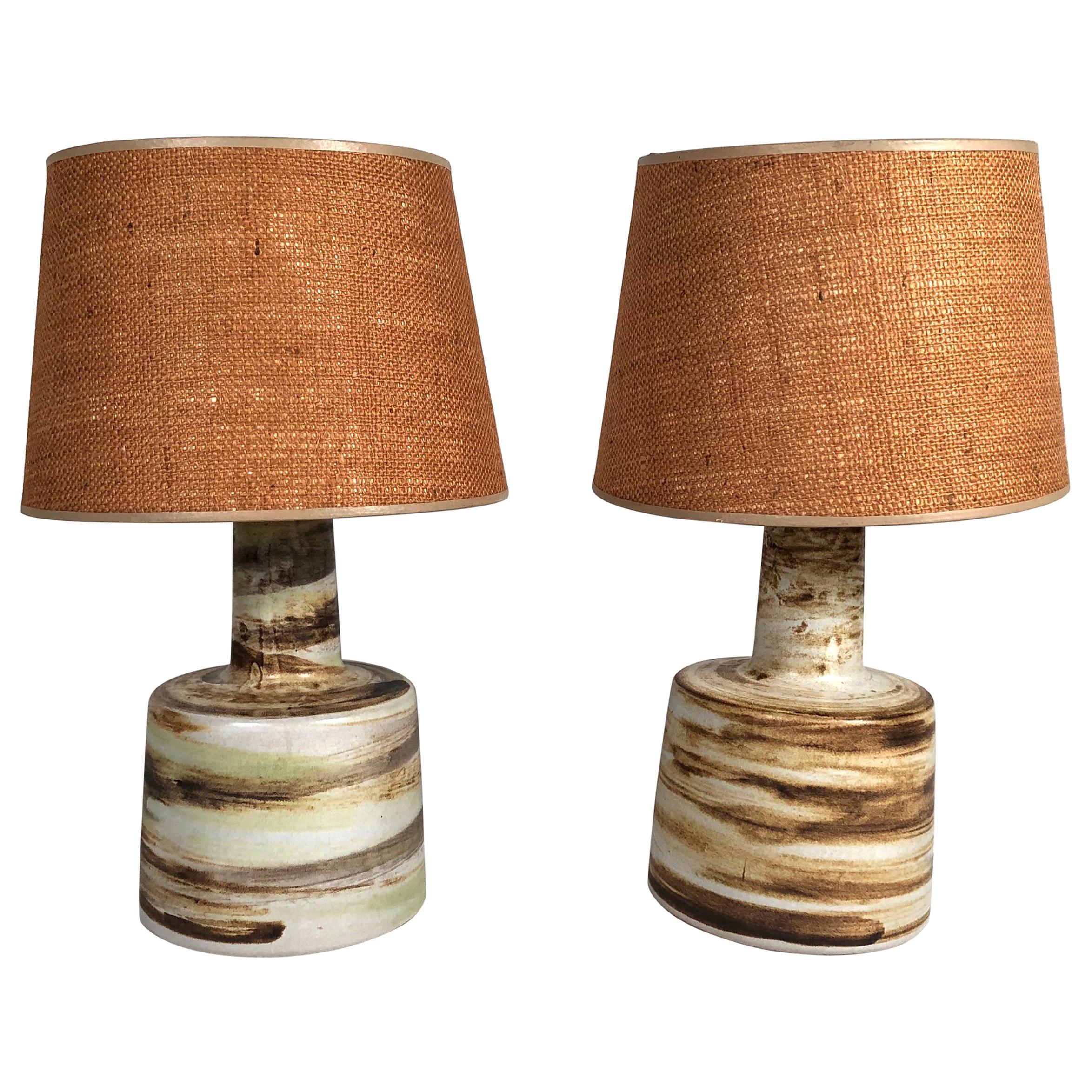 Pair of Hand Painted Brown, Grey, Tan and Green Martz Art Pottery Lamps