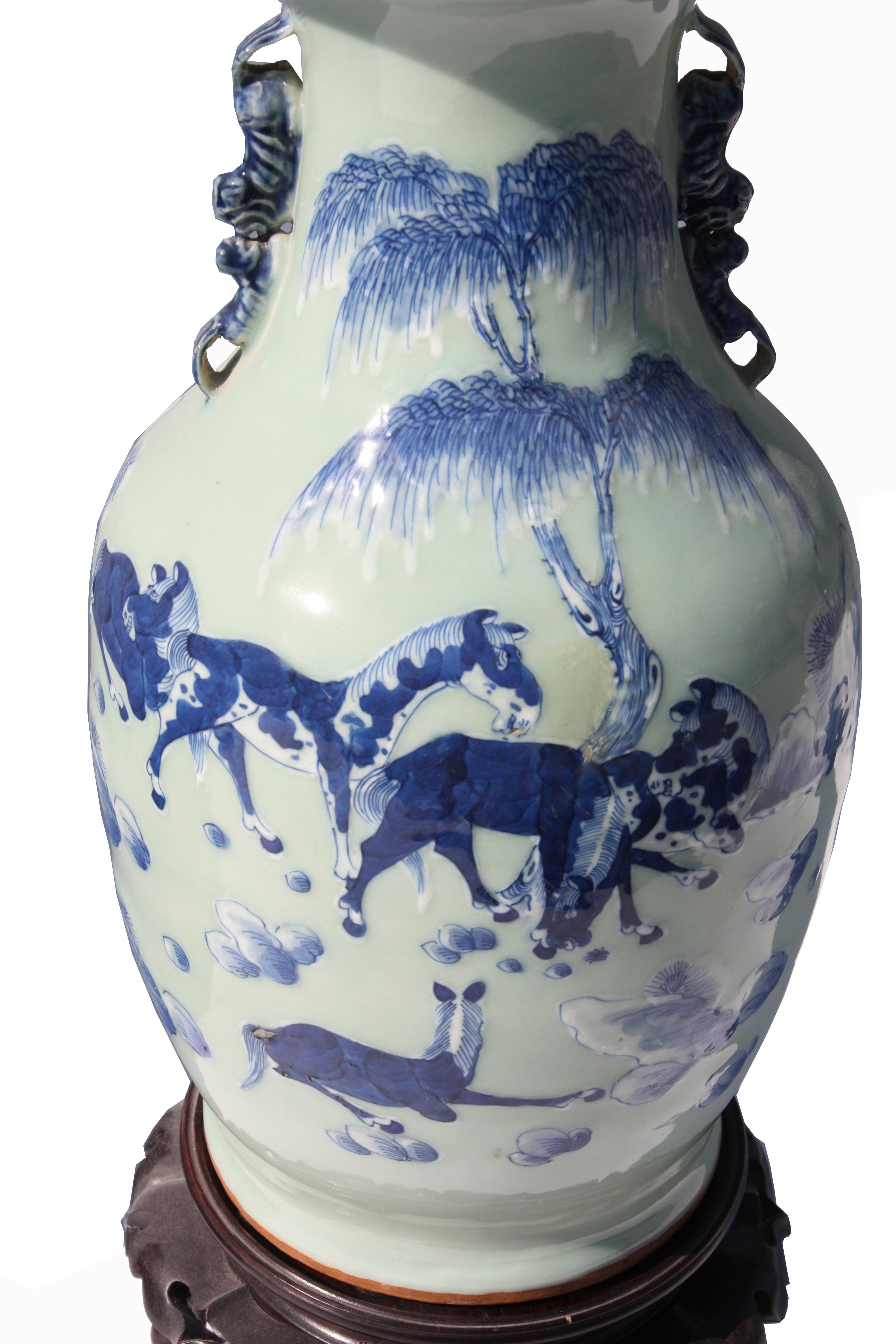 Chinese Pair of Hand-Painted Celadon Vases