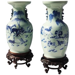 Antique Pair of Hand-Painted Celadon Vases