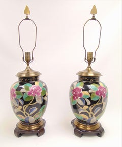 Pair of Hand Painted Ceramic Floral Urn Style Table Lamps by Wildwood Lamps