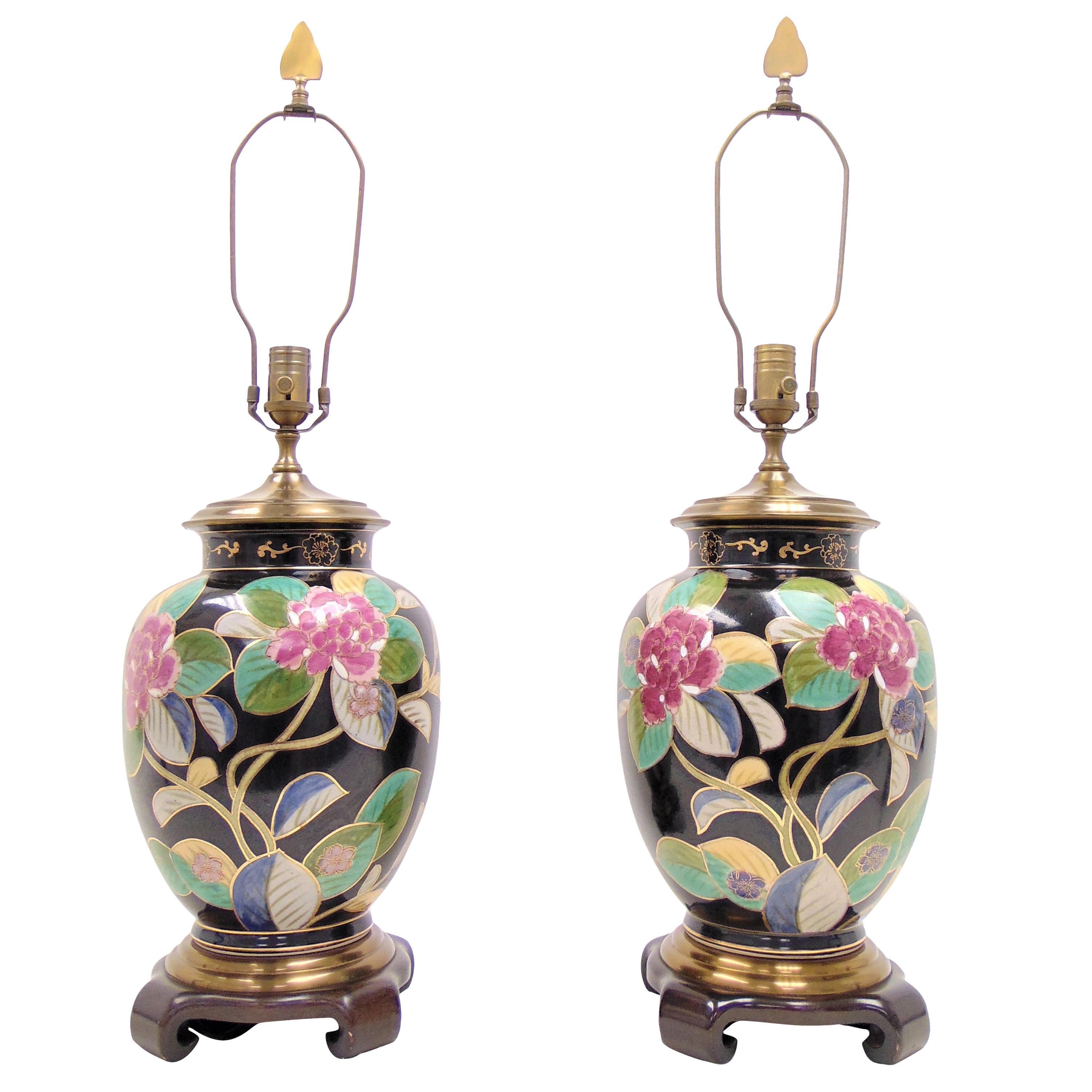 Pair of Hand Painted Ceramic Floral Urn Style Table Lamps by Wildwood Lamps For Sale