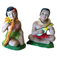 Pair of Hand Painted Ceramic Hula Girl & Ukele Boy Souvenir Figurines
