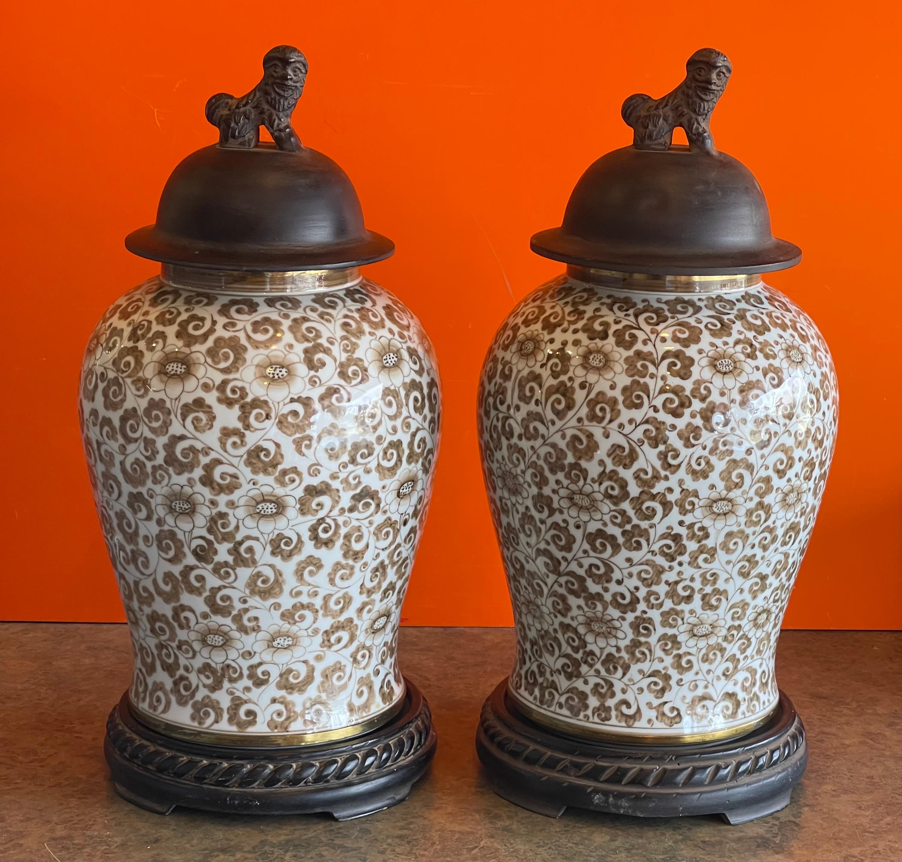 brown and white ginger jars