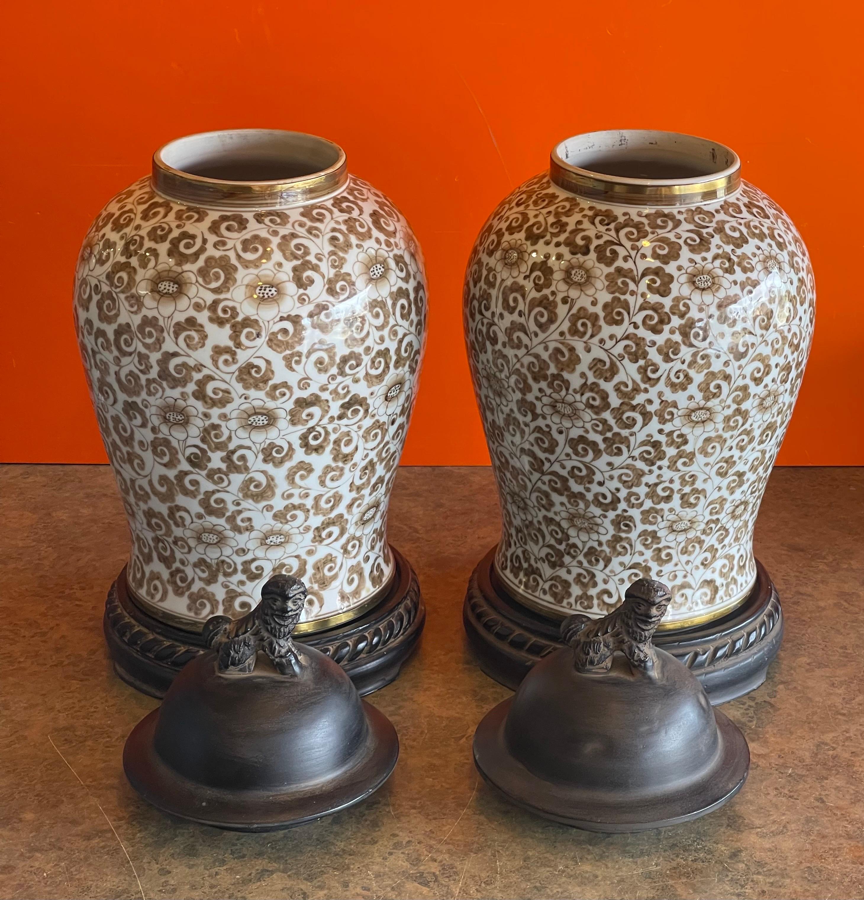 Thai Pair of Hand Painted Ceramic & Iron Temple Jars with Foo Dogs by Maitland Smith For Sale