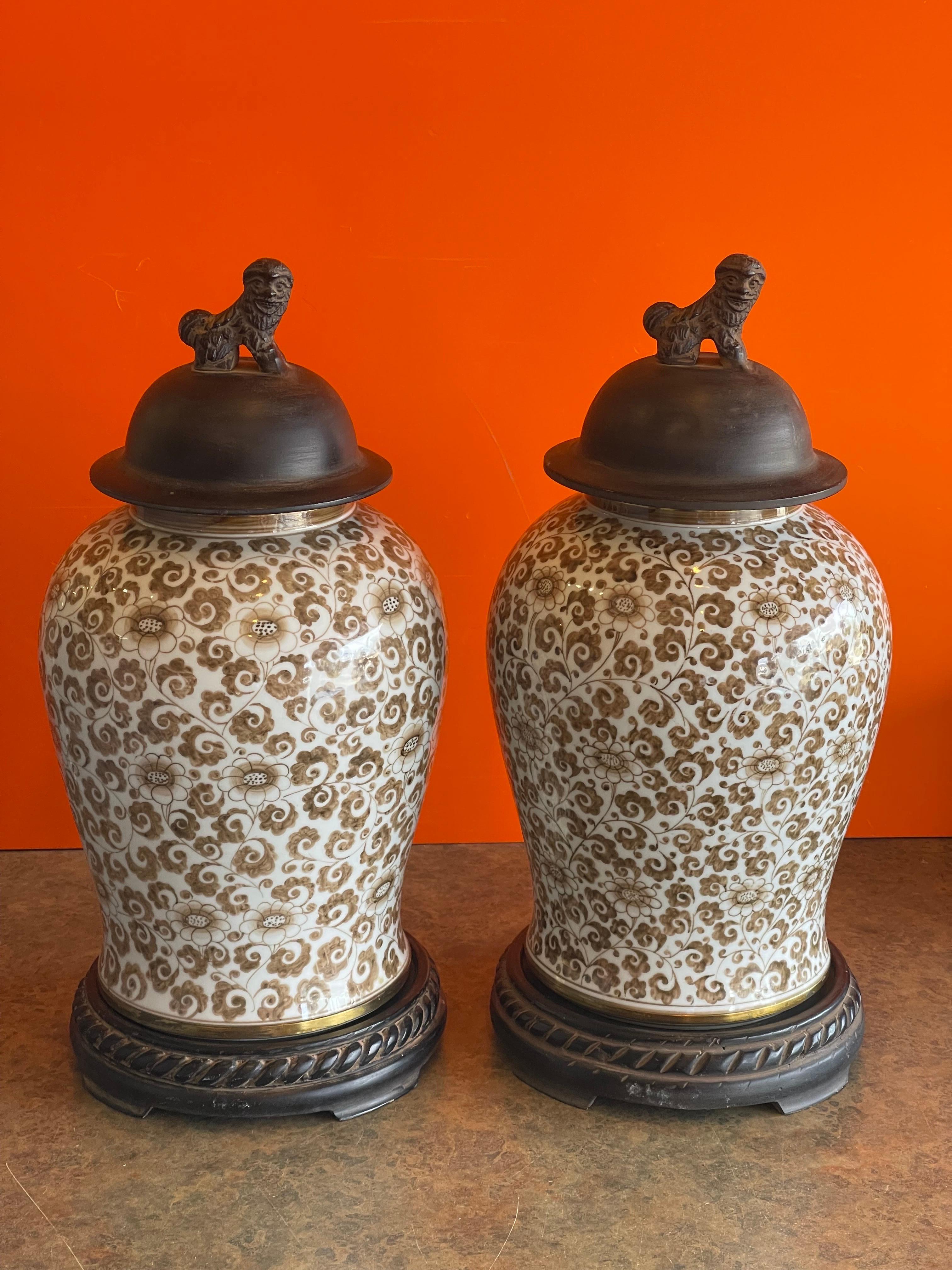 Hand-Painted Pair of Hand Painted Ceramic & Iron Temple Jars with Foo Dogs by Maitland Smith For Sale