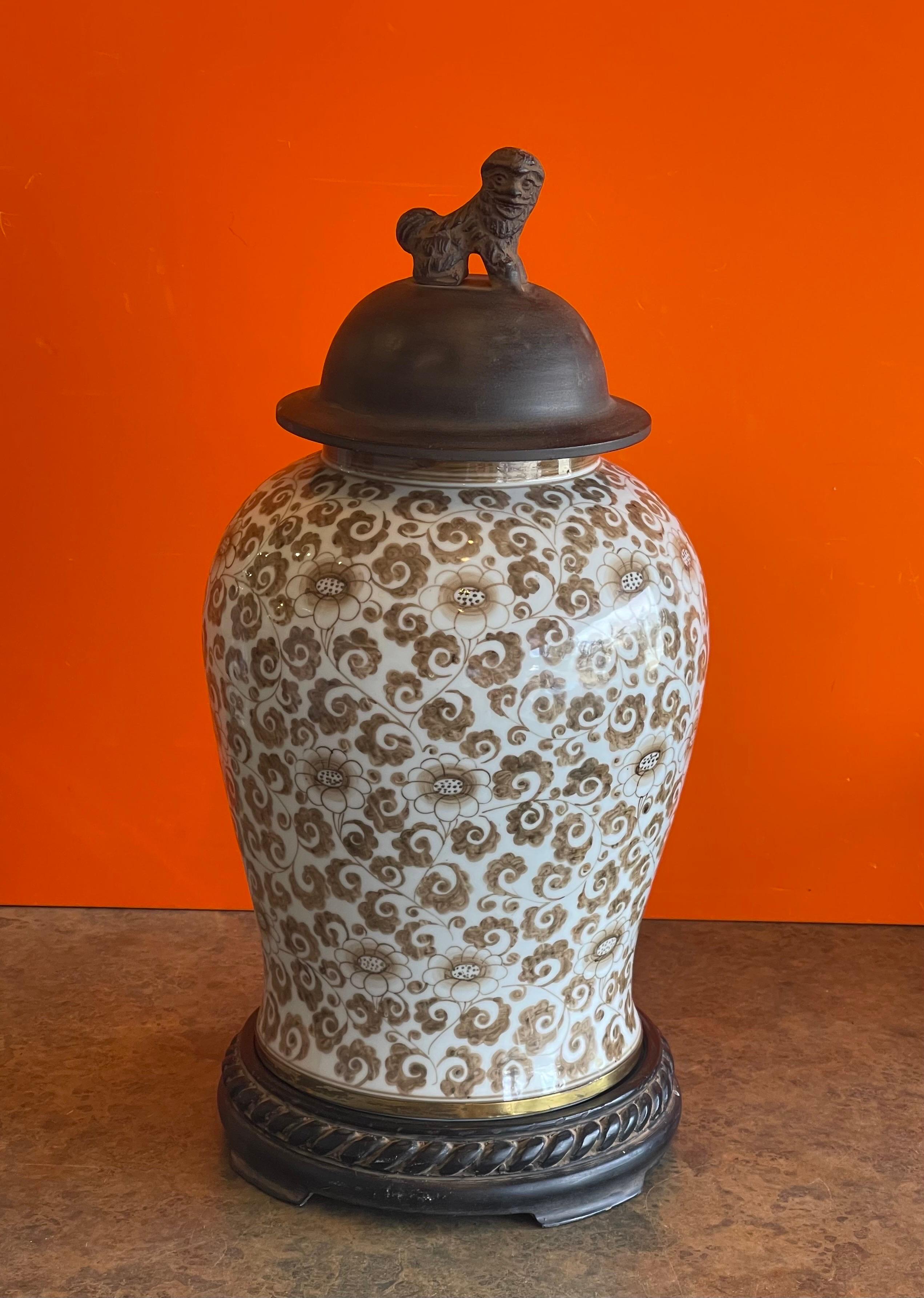 Pair of Hand Painted Ceramic & Iron Temple Jars with Foo Dogs by Maitland Smith In Good Condition For Sale In San Diego, CA