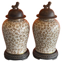 Pair of Hand Painted Ceramic & Iron Temple Jars with Foo Dogs by Maitland Smith