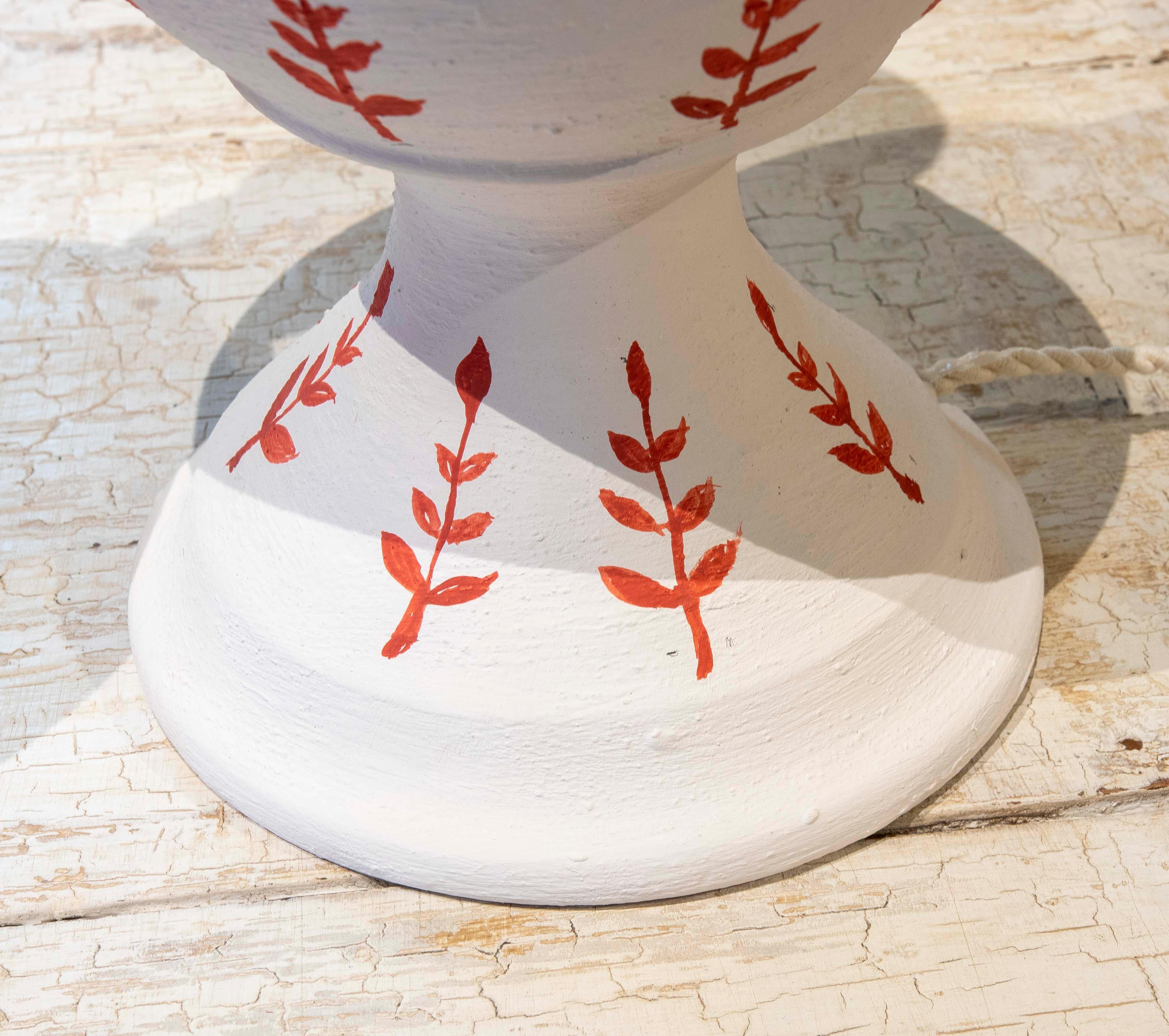 Pair of Hand-Painted Ceramic Lamps with Red Flower Decoration 7