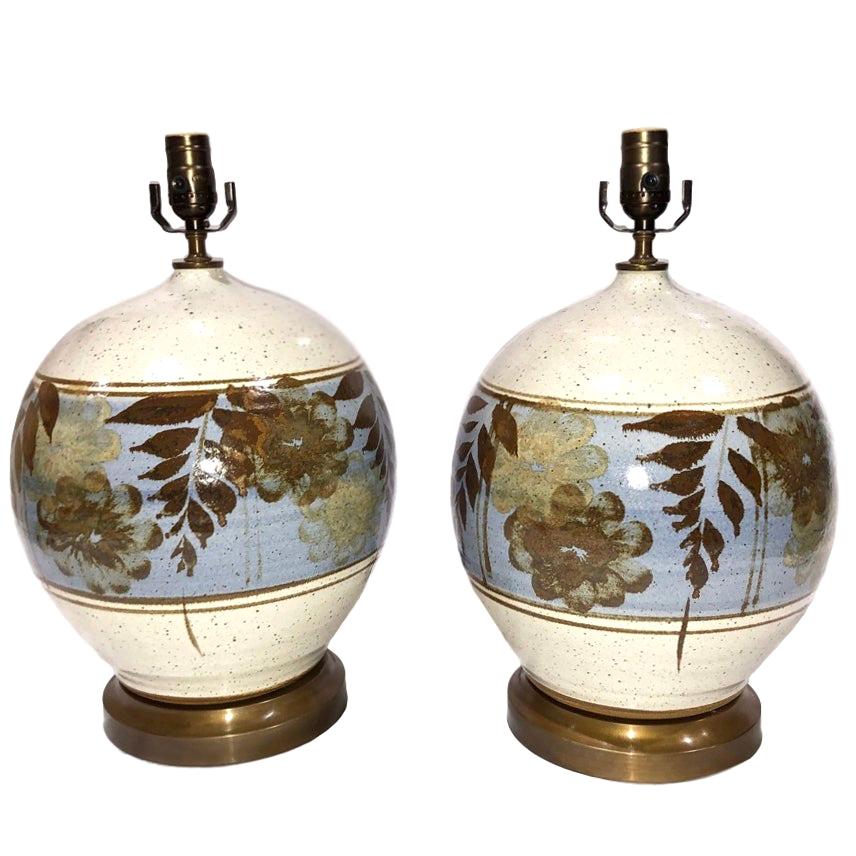 Pair of Hand-Painted Ceramic Table Lamps For Sale