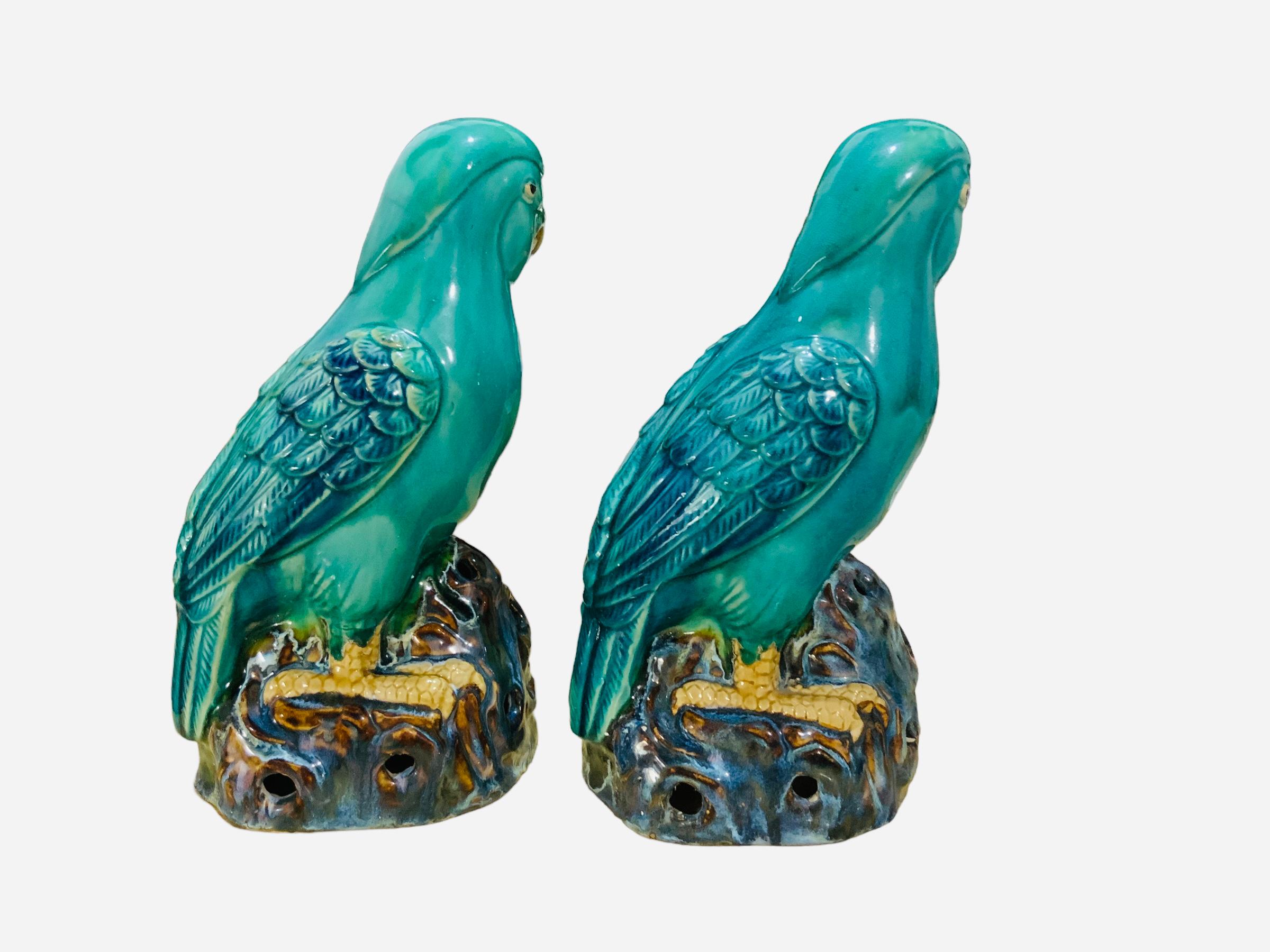 Chinese Export Pair Of Hand Painted Chinese Ceramic Parrots