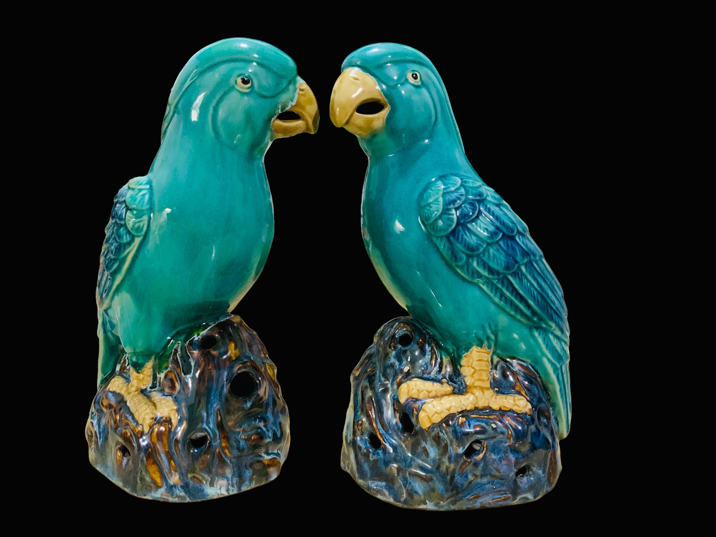 Glazed Pair Of Hand Painted Chinese Ceramic Parrots