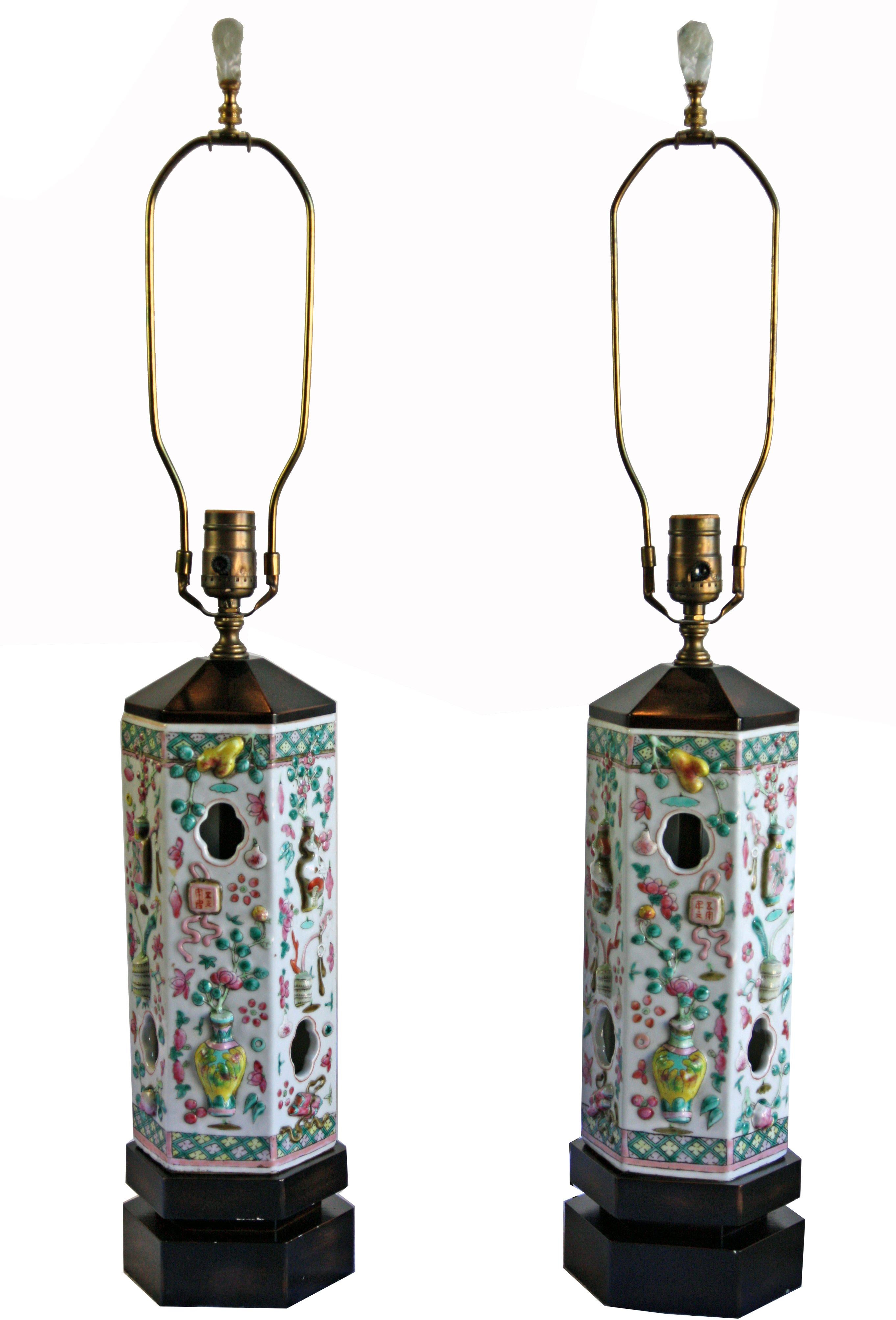 Gorgeous pair of hand painted Chinese hat stands lamps with Jade finials. Shades not included.