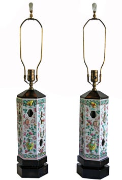 Pair of Hand-Painted Chinese Hat Stands as Lamps with Jade Finials
