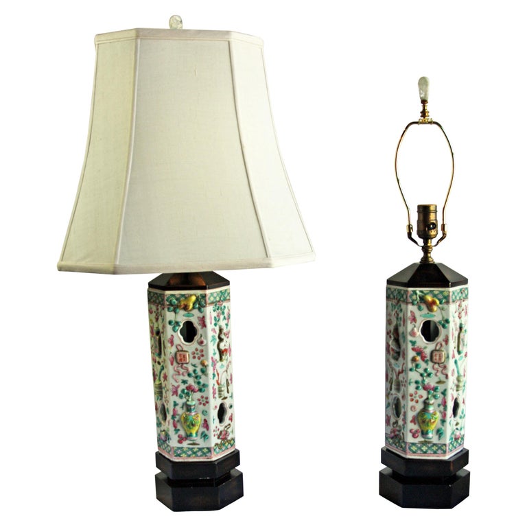 Pair of HandPainted Chinese Hat Stands as Lamps with Jade Finials at