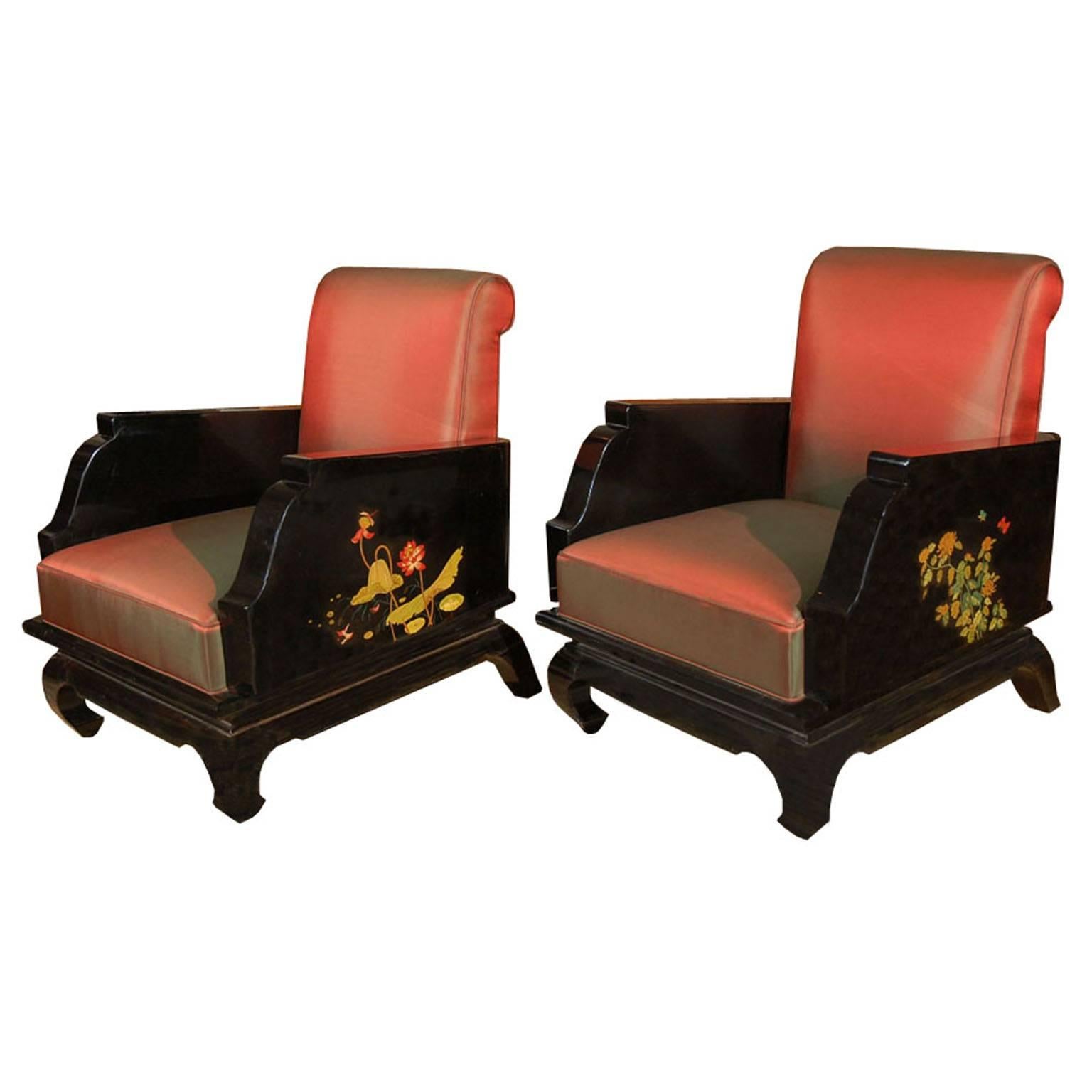 Pair of Hand-Painted Chinoiserie Armchairs For Sale