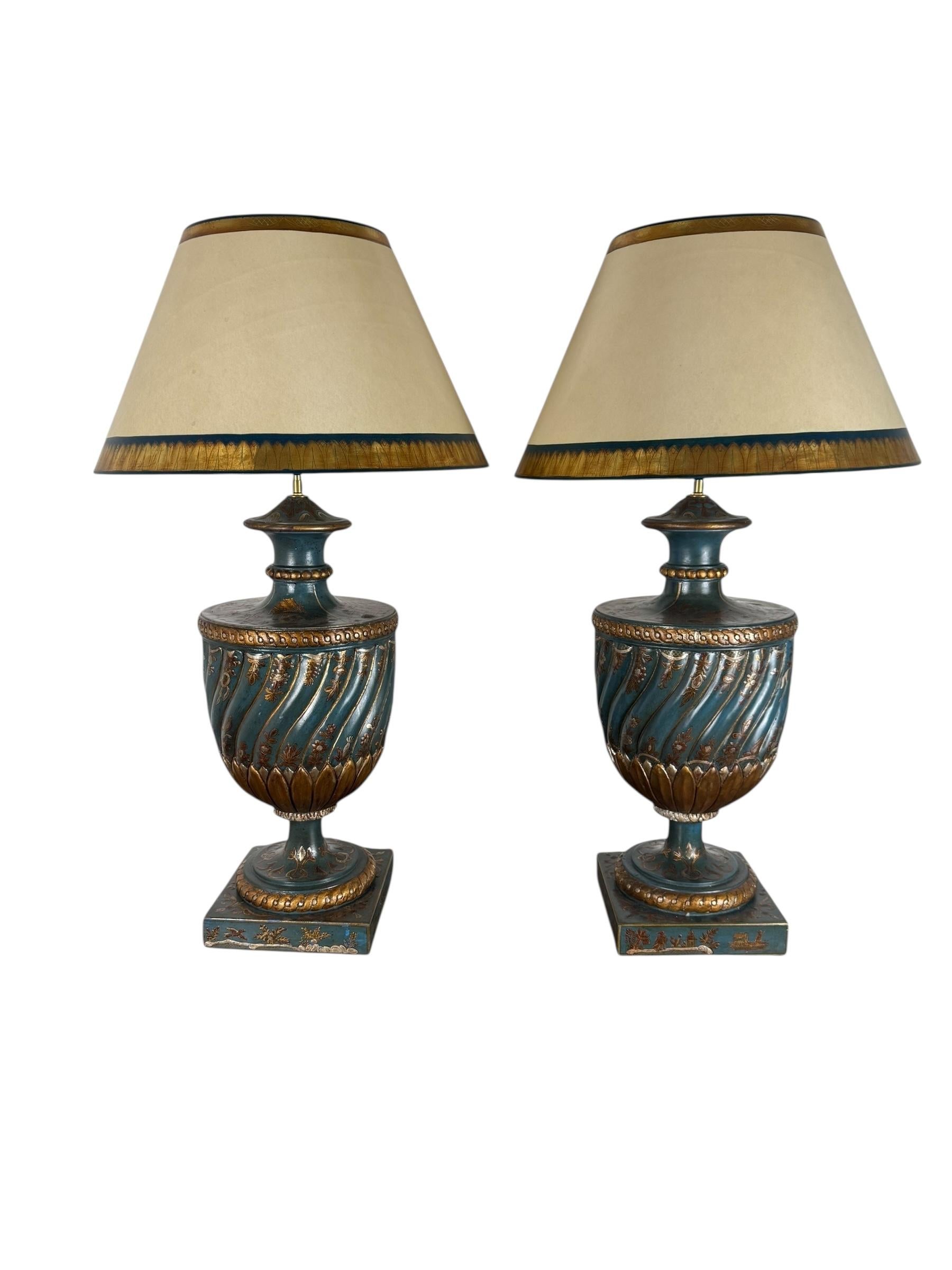 American Pair of Hand Painted Chinoiserie Lamps w/ Parchment Shades For Sale
