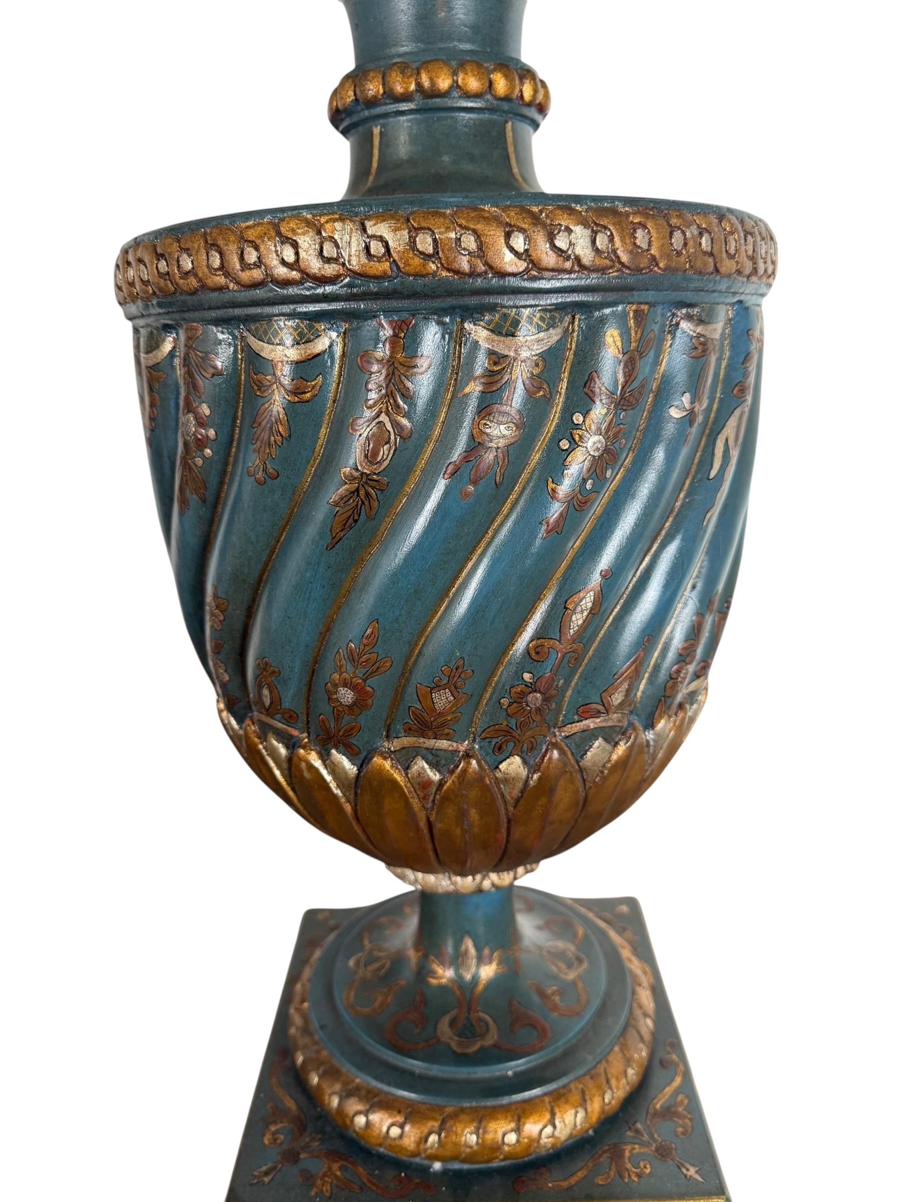 Pair of Hand Painted Chinoiserie Lamps w/ Parchment Shades In Distressed Condition For Sale In Los Angeles, CA