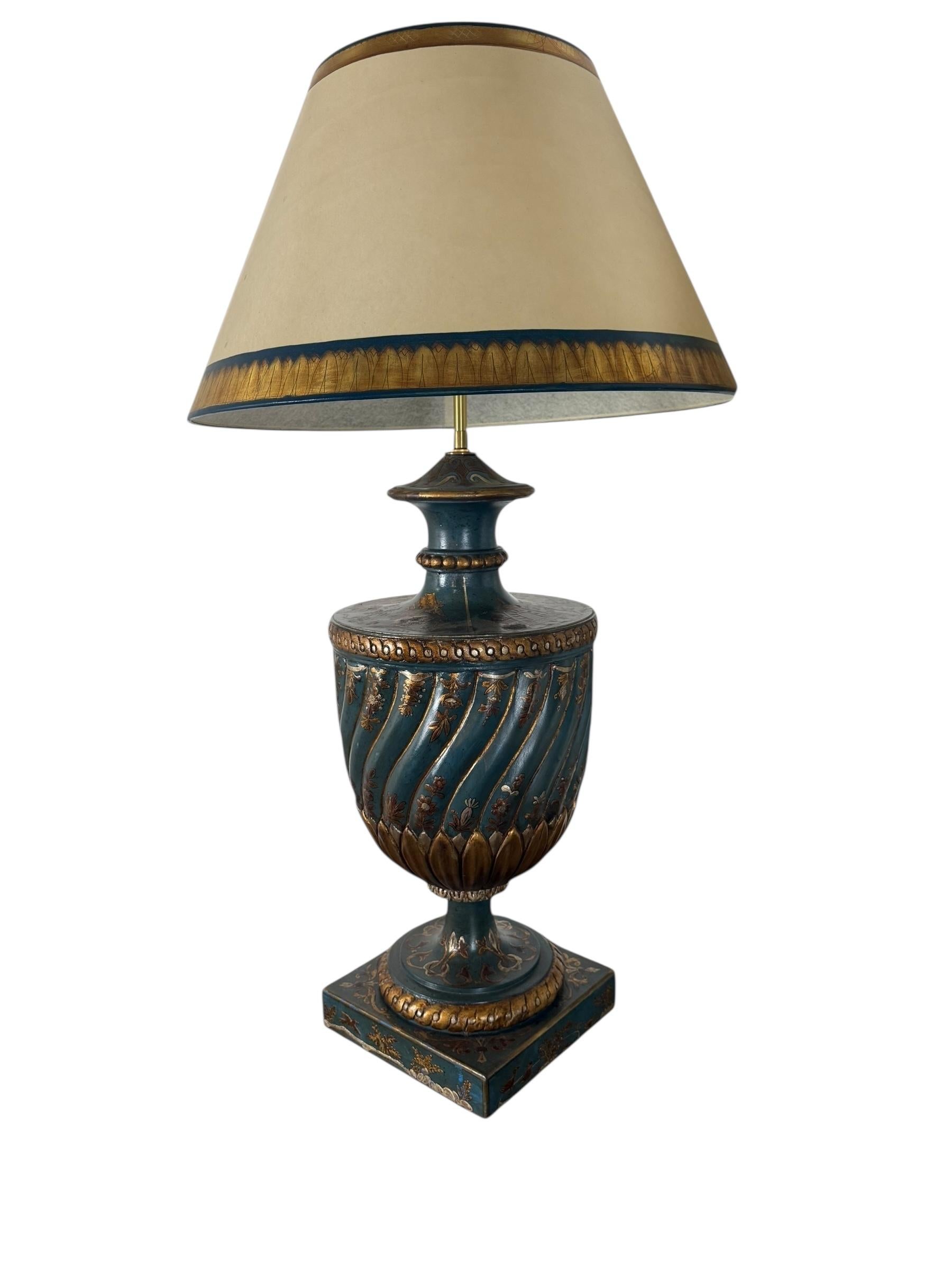 Pair of Hand Painted Chinoiserie Lamps w/ Parchment Shades For Sale 1