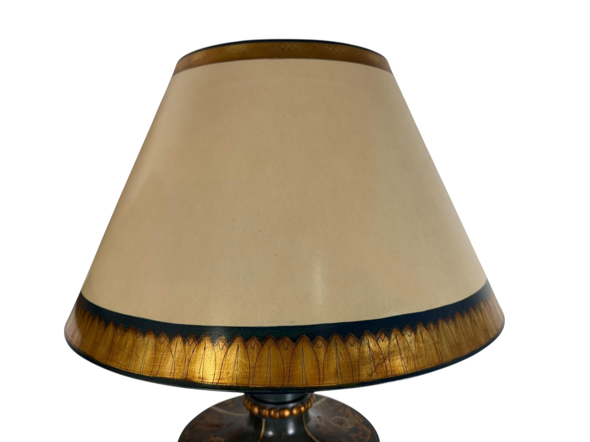 Pair of Hand Painted Chinoiserie Lamps w/ Parchment Shades For Sale 2