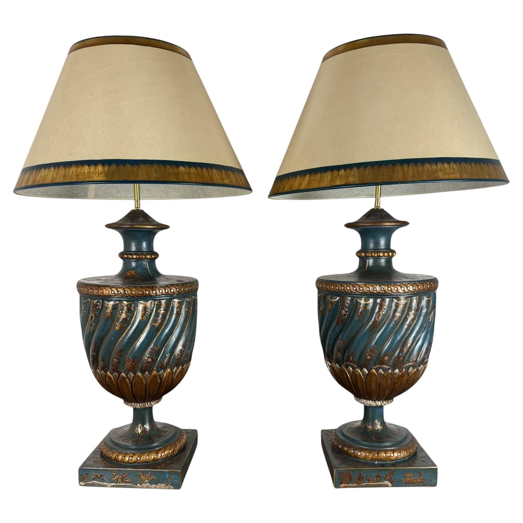 Pair of Hand Painted Chinoiserie Lamps w/ Parchment Shades For Sale