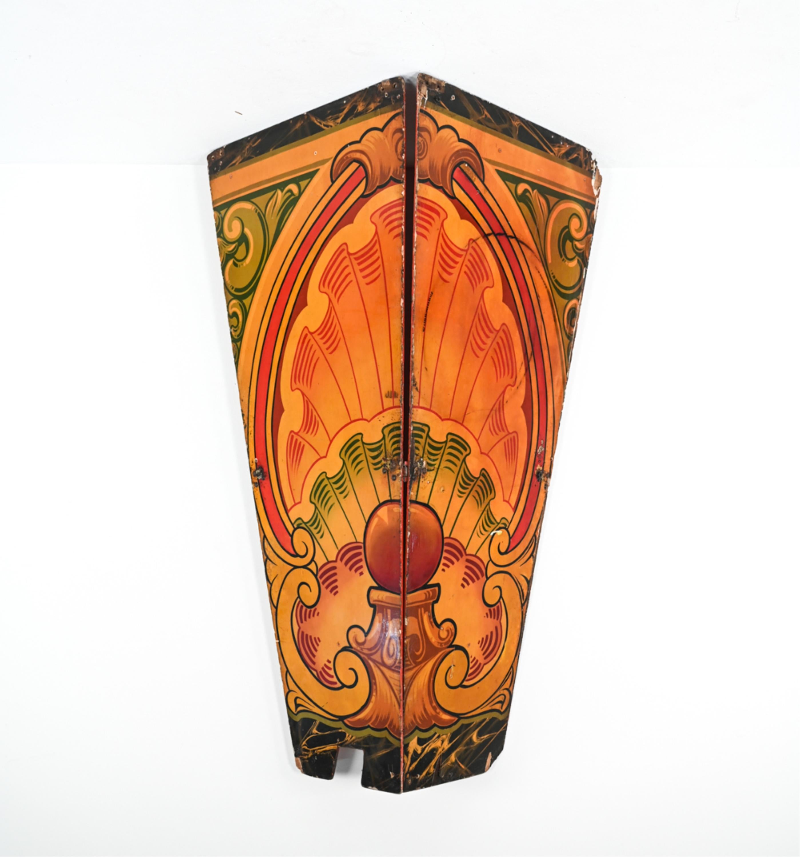 Bring an unusual piece of folk history into your home with this stunning pair of early 20th century rounding boards salvaged from a carnival. With hand painted designs and gold leaf pigment, these boards are a whimsical, decorative architectural