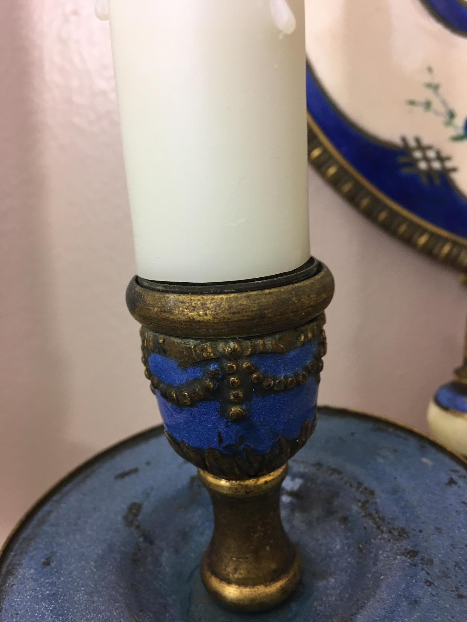 Pair of Hand Painted Enamel Two-Light Sconces with Figures, Early 20th Century 2