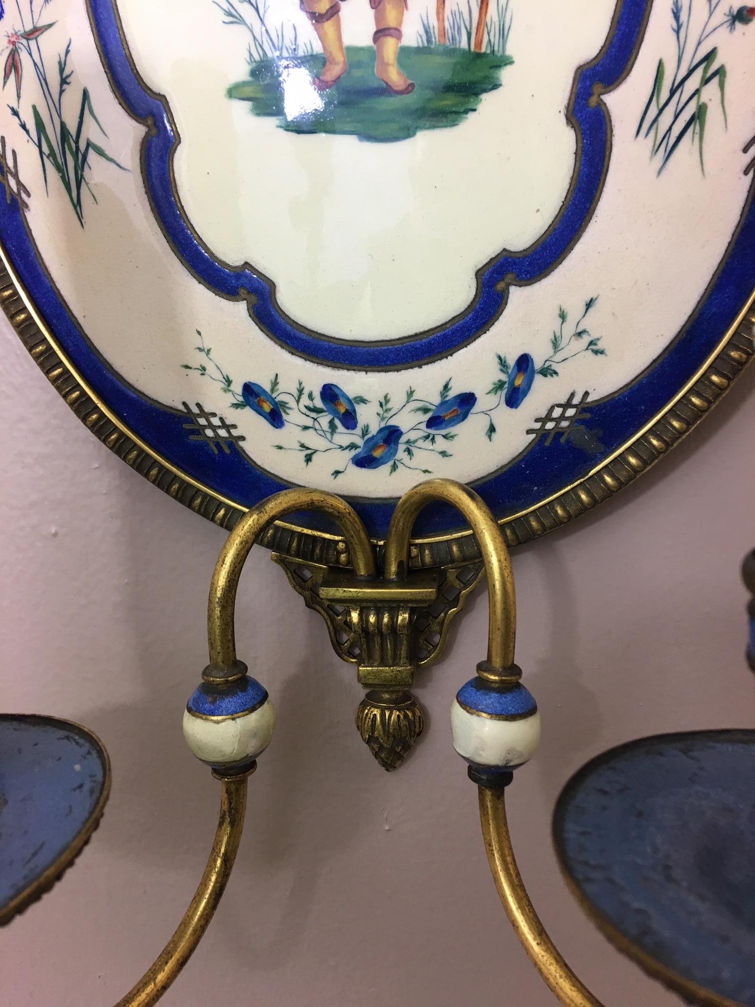 Pair of Hand Painted Enamel Two-Light Sconces with Figures, Early 20th Century 3