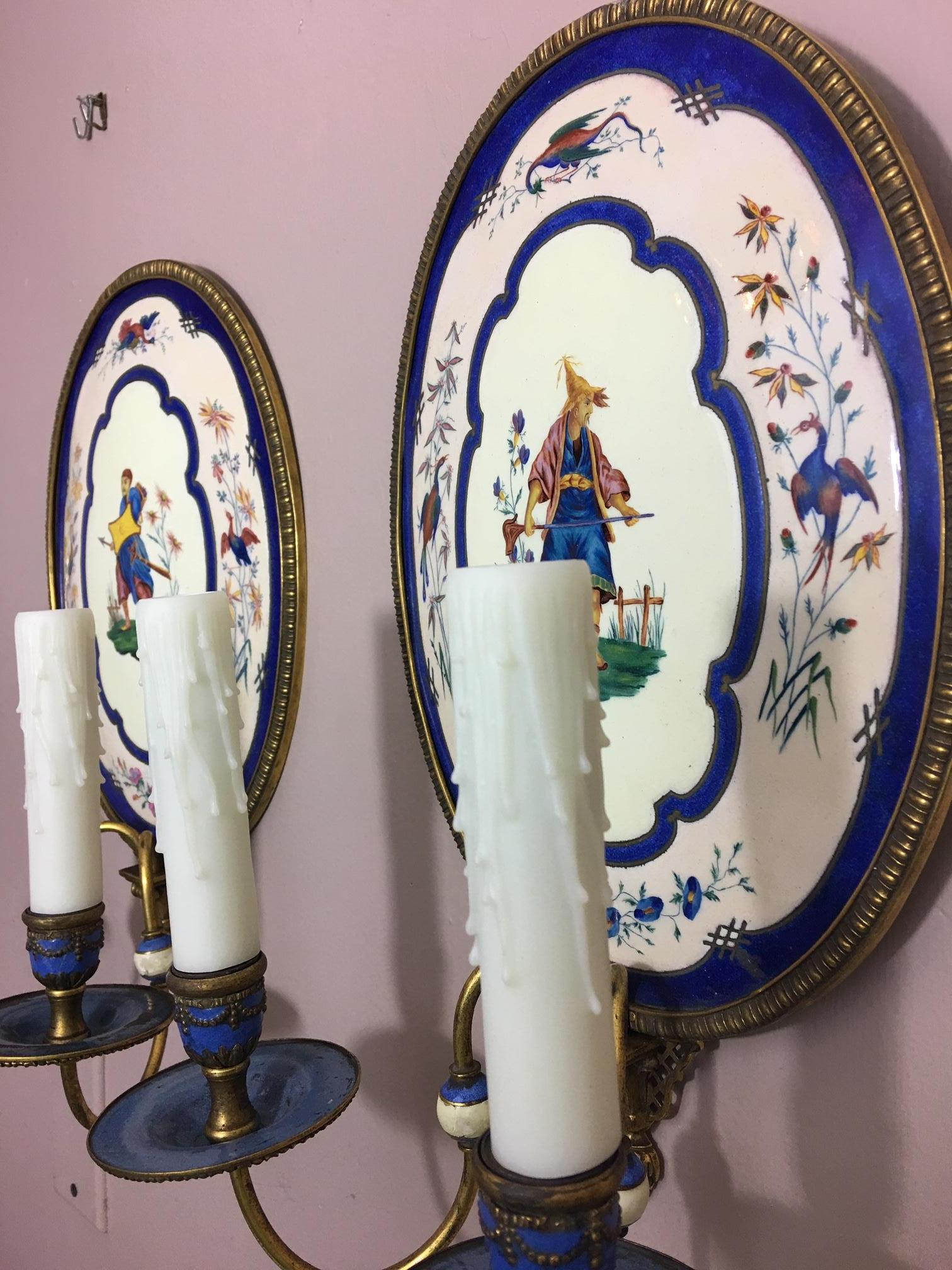 Pair of Hand Painted Enamel Two-Light Sconces with Figures, Early 20th Century 4
