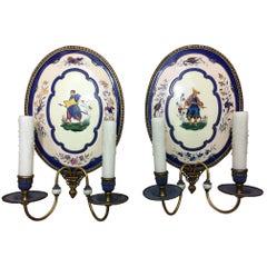 Pair of Hand Painted Enamel Two-Light Sconces with Figures, Early 20th Century