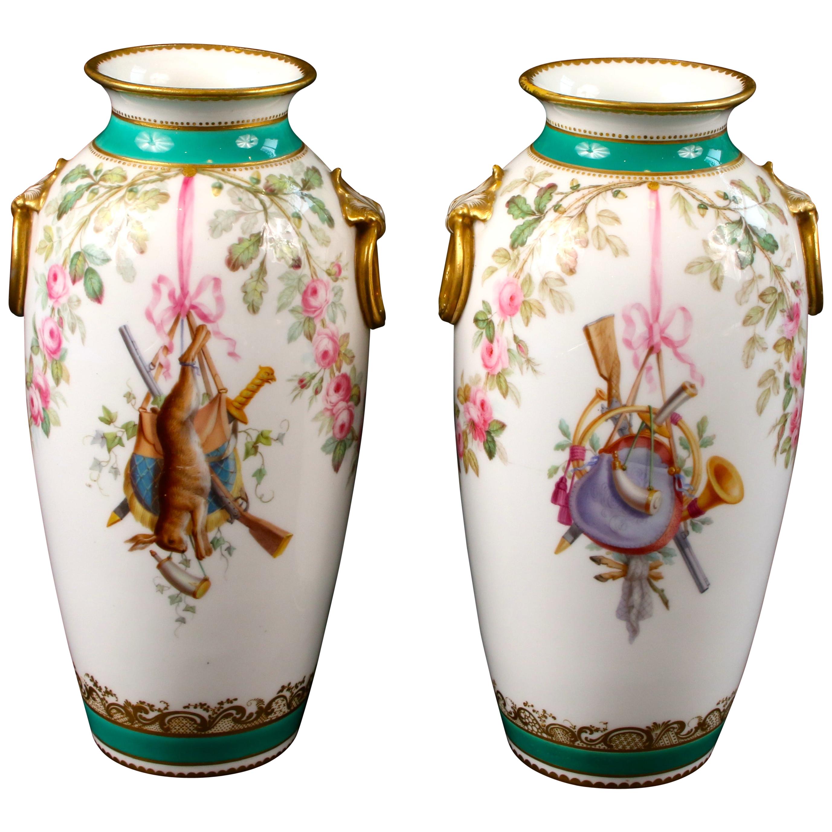 Pair of Hand Painted English Trophy Vases, Minton For Sale