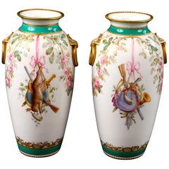Pair of Hand Painted English Trophy Vases, Minton
