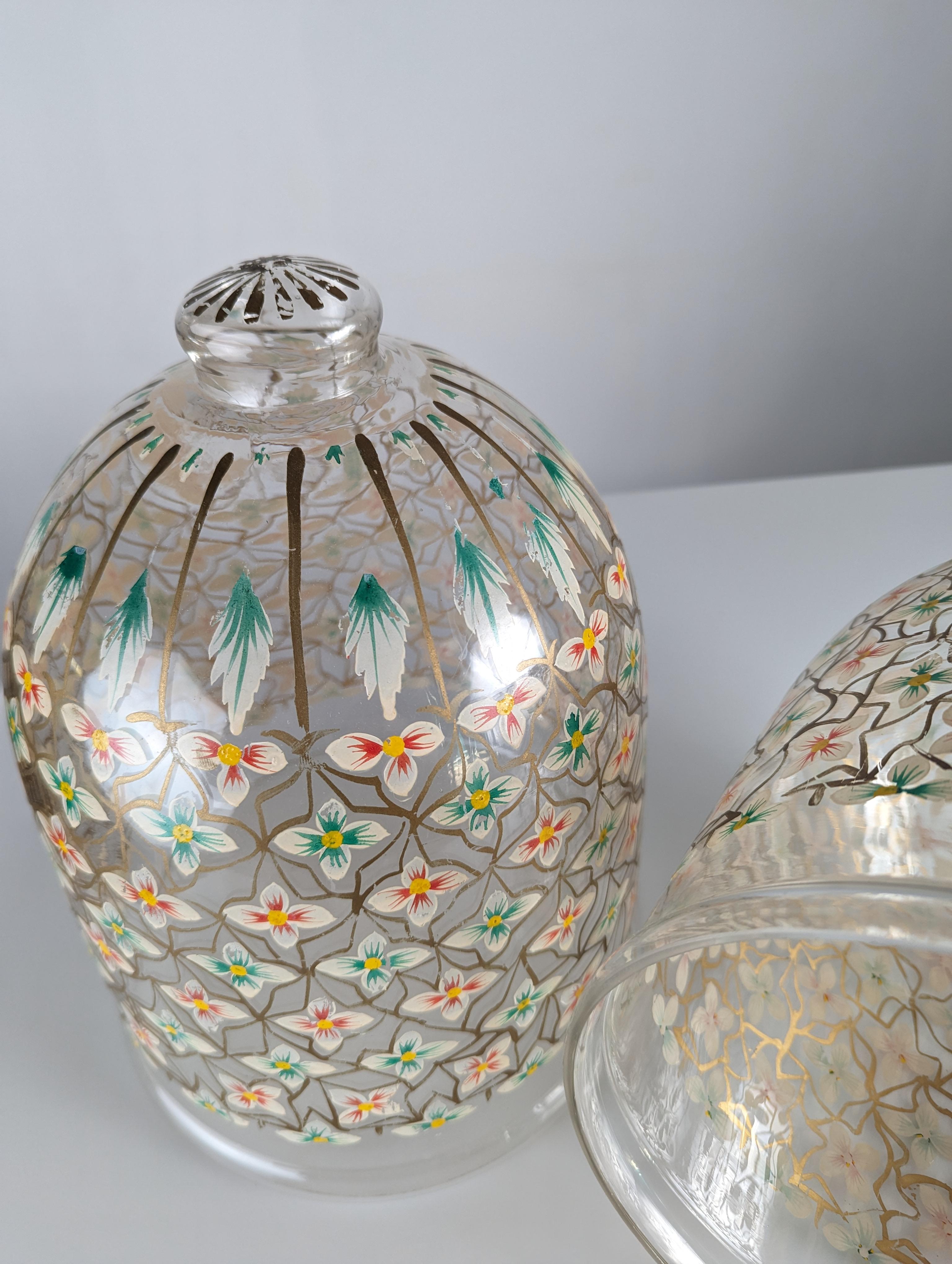 Pair of hand-painted floral glass lanterns For Sale 2