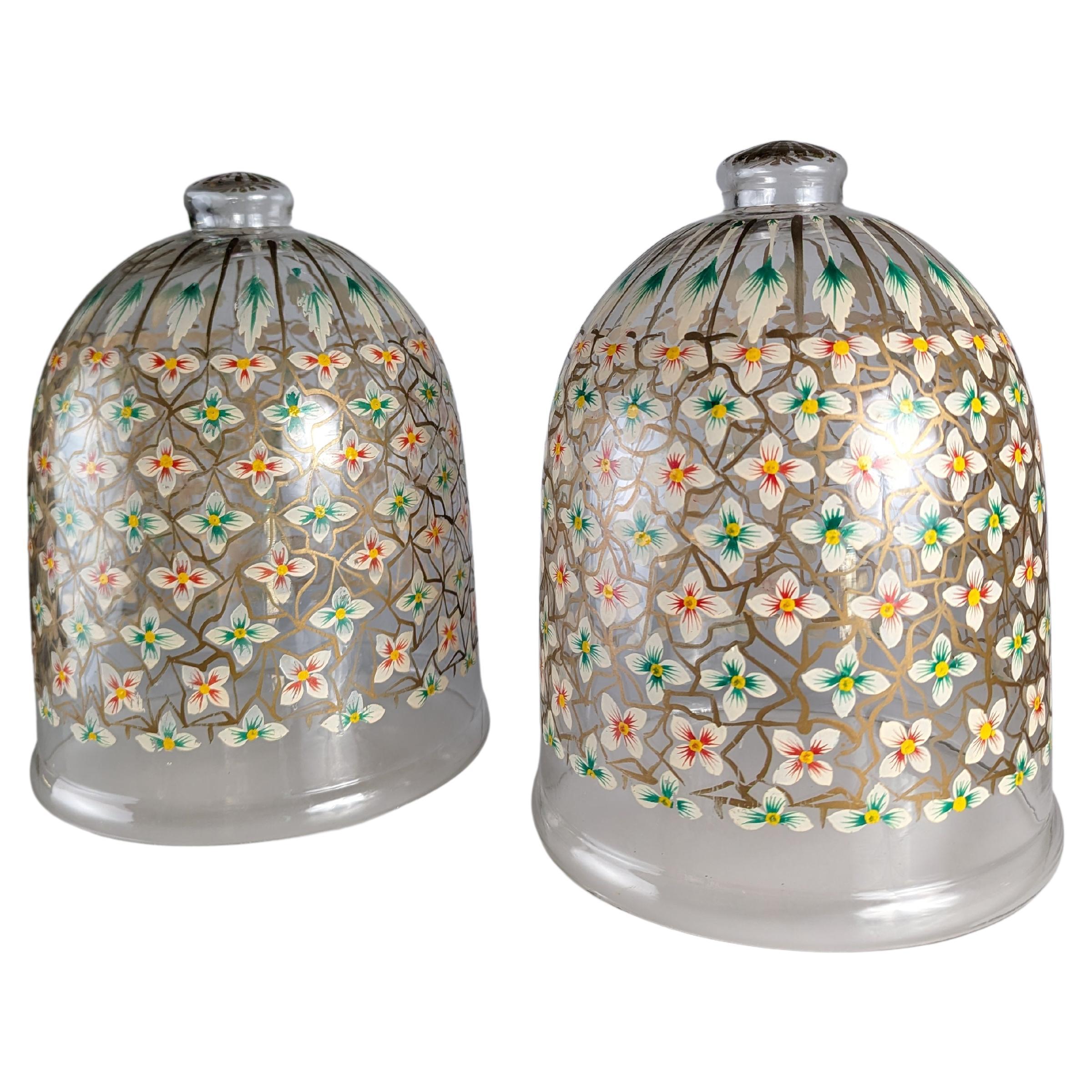 Pair of hand-painted floral glass lanterns For Sale