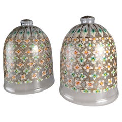 Vintage Pair of hand-painted floral glass lanterns