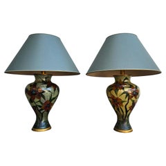 Pair of Hand-Painted Floral Glass Table Lamps – Italy, circa 1980
