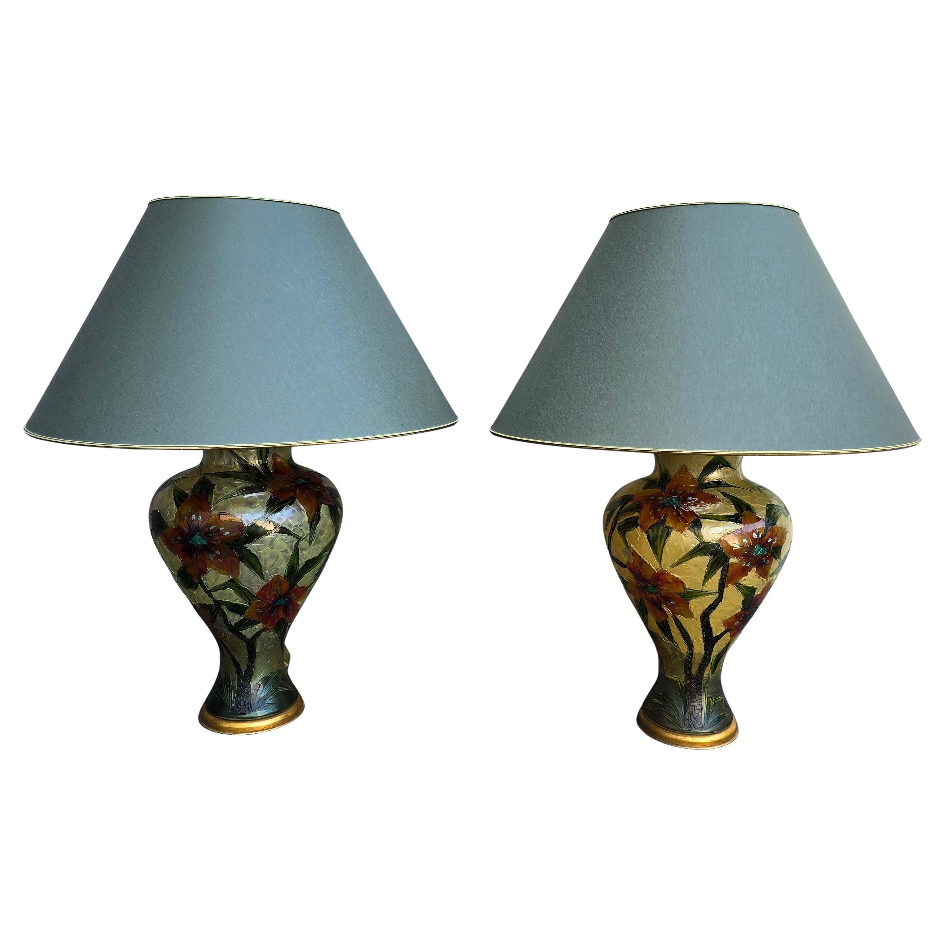 Bohemian Pair of Hand-Painted Floral Glass Table Lamps – Italy, circa 1980 For Sale
